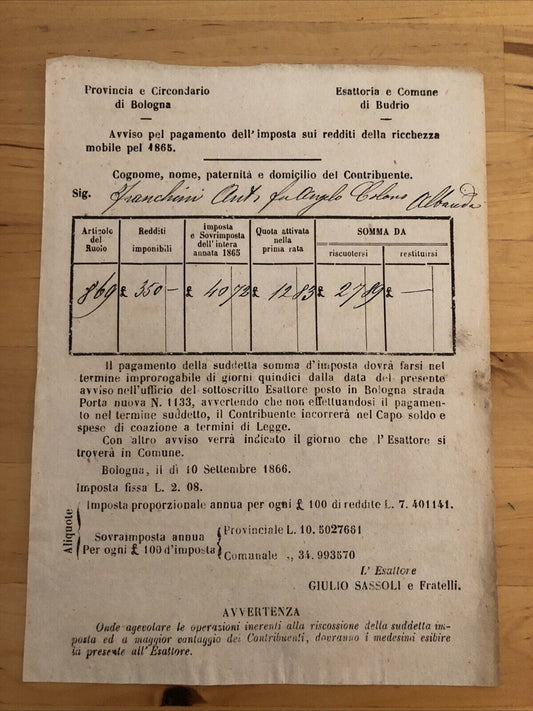 Bologna - Budrio antico documento 1865 pagamento imposta redditi della ricchezza