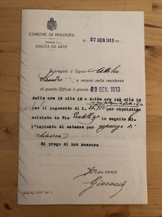 BOLOGNA DOCUMENTO VIA DEL PRATELLO 1913