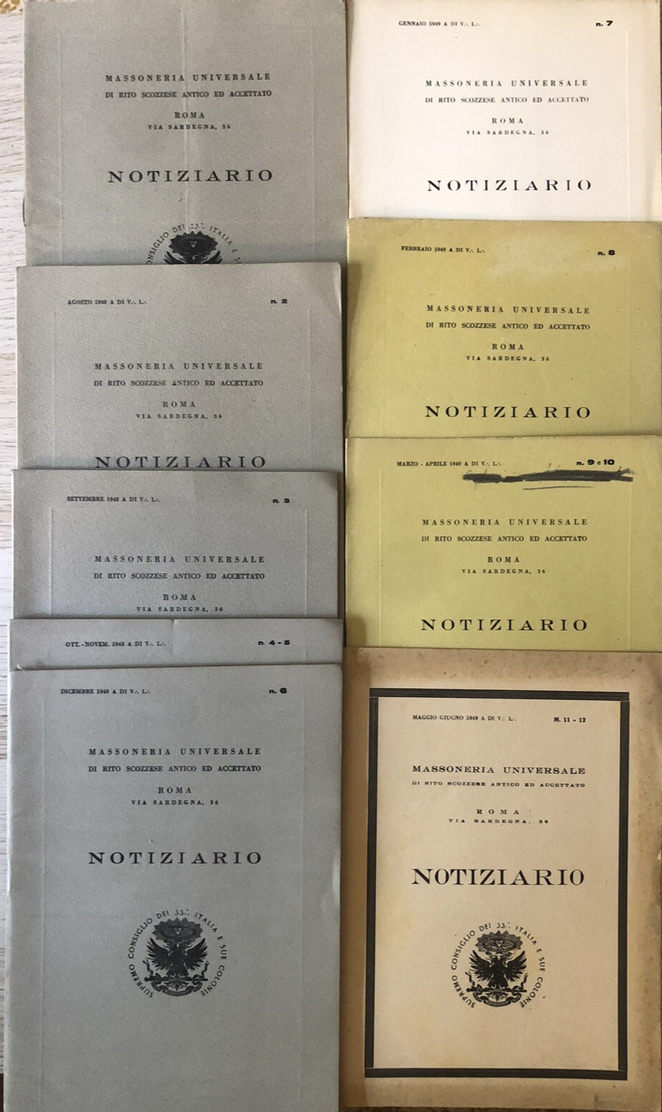Massoneria Universale di rito scozzese - Notiziario, 9 volumetti 1949