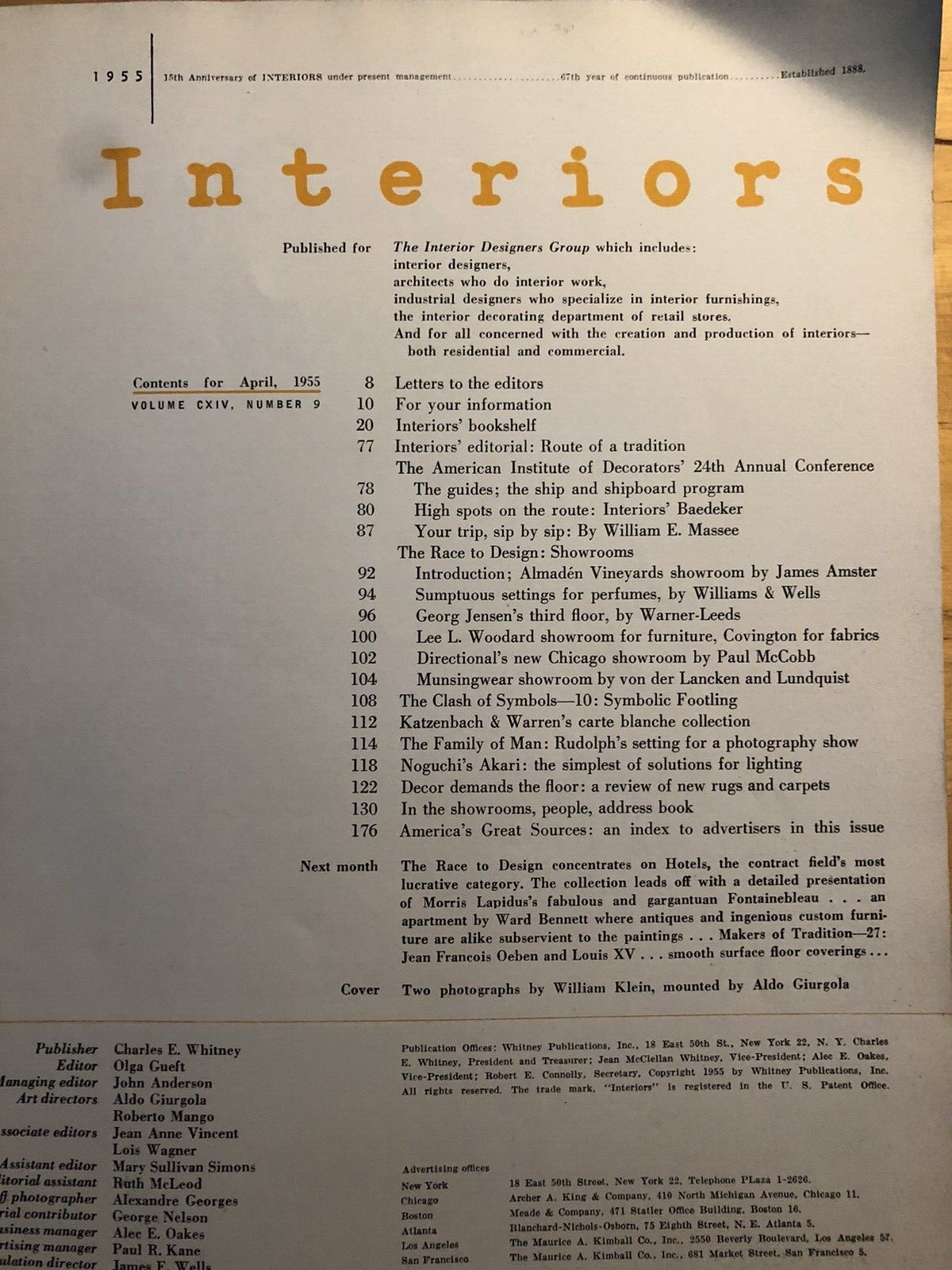 INTERIORS MAGAZINE april 1955 Olga Gueft - Interiors, design, architecture