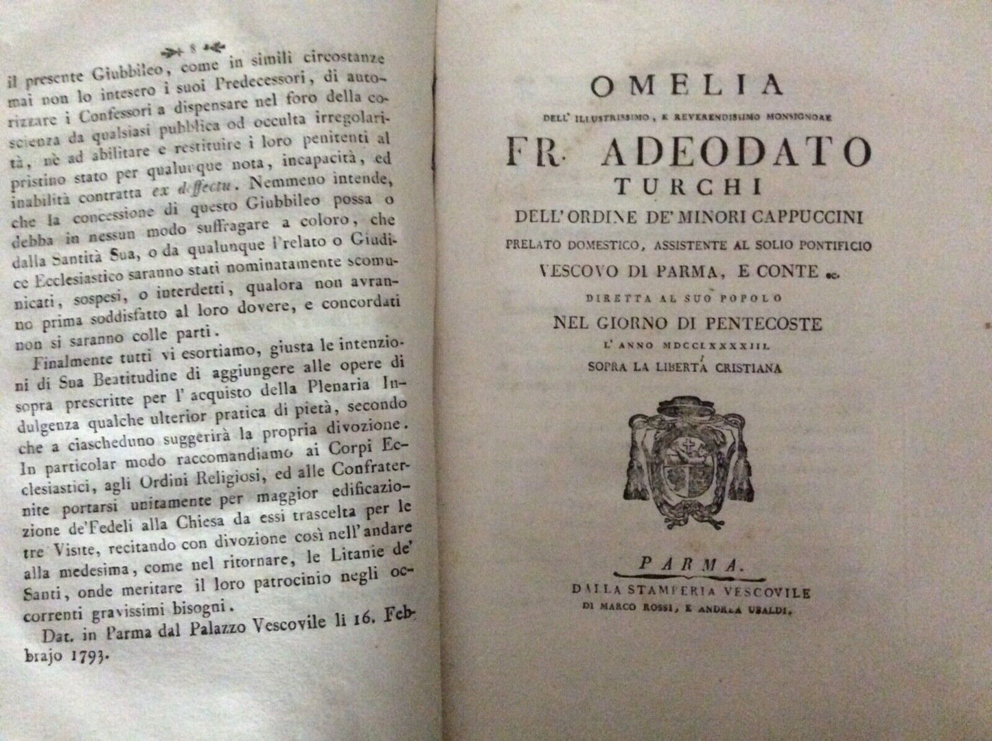 ADEODATO TURCHI - OMELIE E LETTERE PASTORALI Parma stamperia vescovile 1788-1794