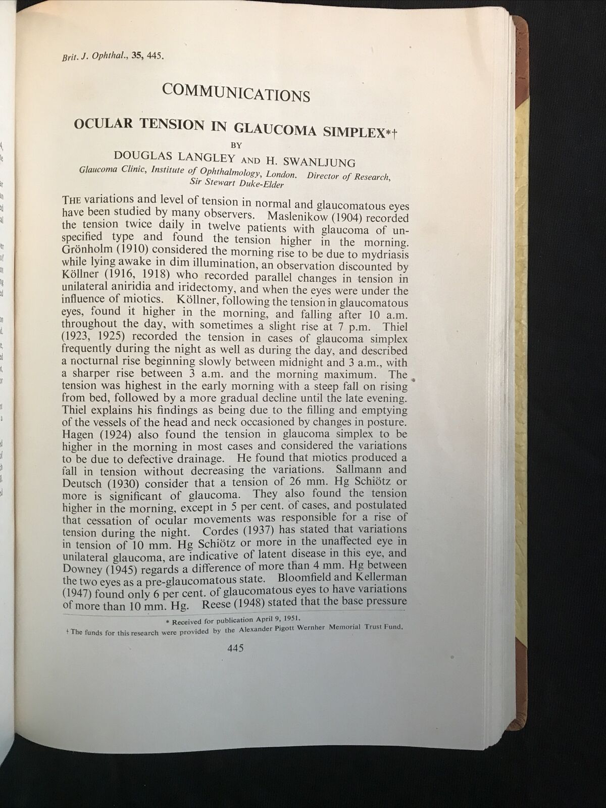 BRITISH JOURNAL OF OPHTHALMOLOGY, oftalmologia. Stewart Duke-Elder 1951 vol XXXV