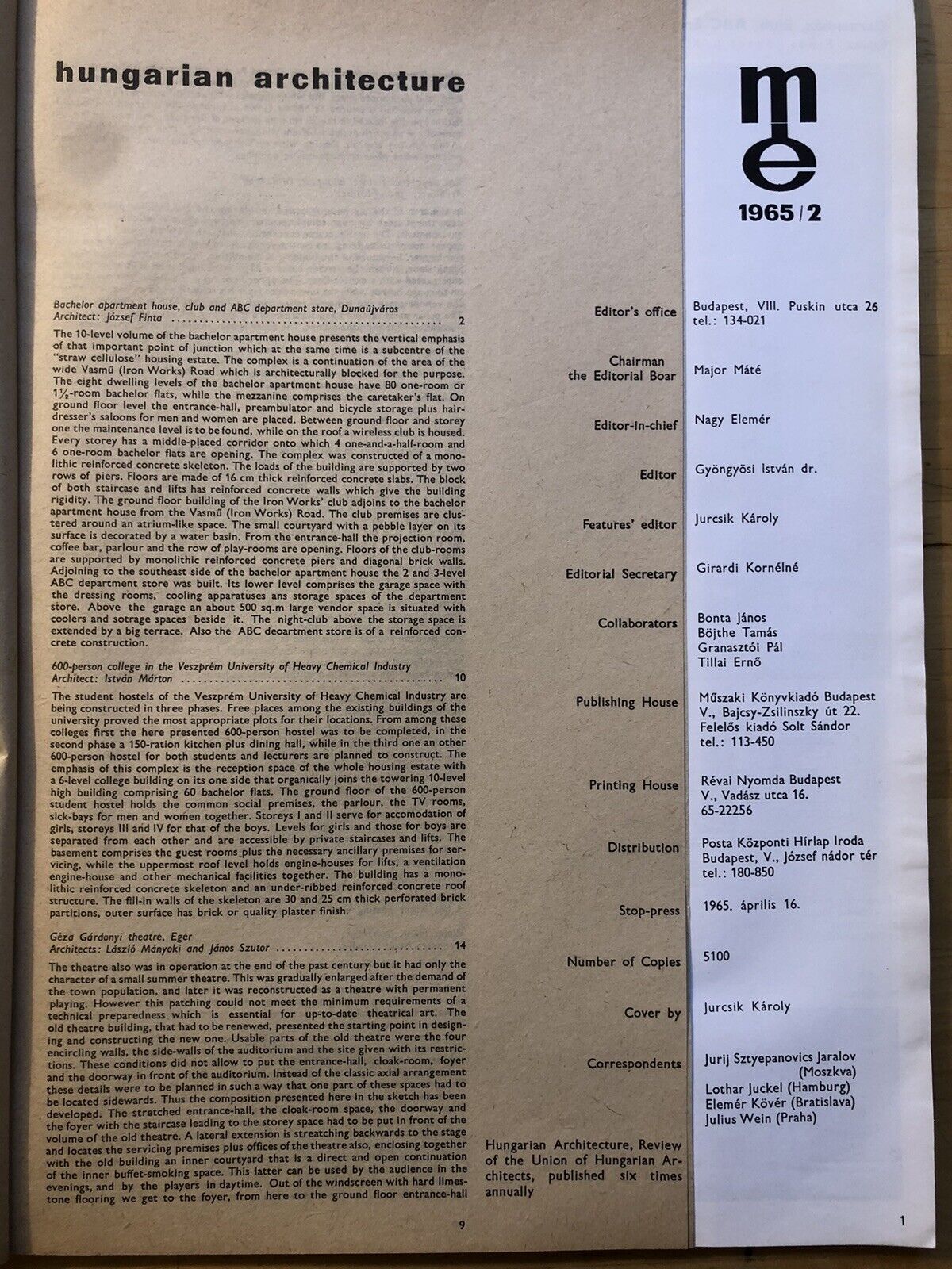 Magyar épitomuveszet 1965/5 HUNGARIAN ARCHITECTURE