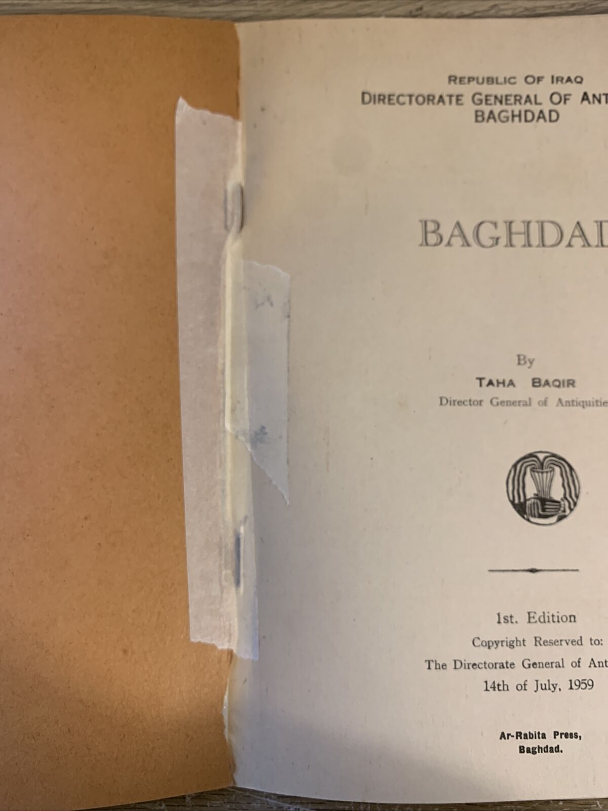 BAGHDAD - TAHA BAQIR, REPUBLIC OF IRAQ. directorate general of antiquities 1958