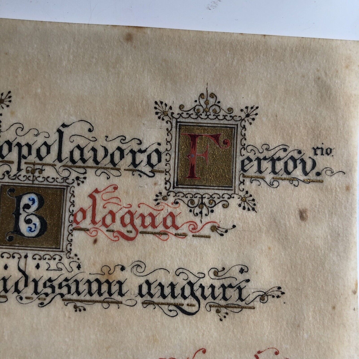 Biglietto Auguri Il Dopolavoro Ferroviario di Bologna 1933, carta pergamena