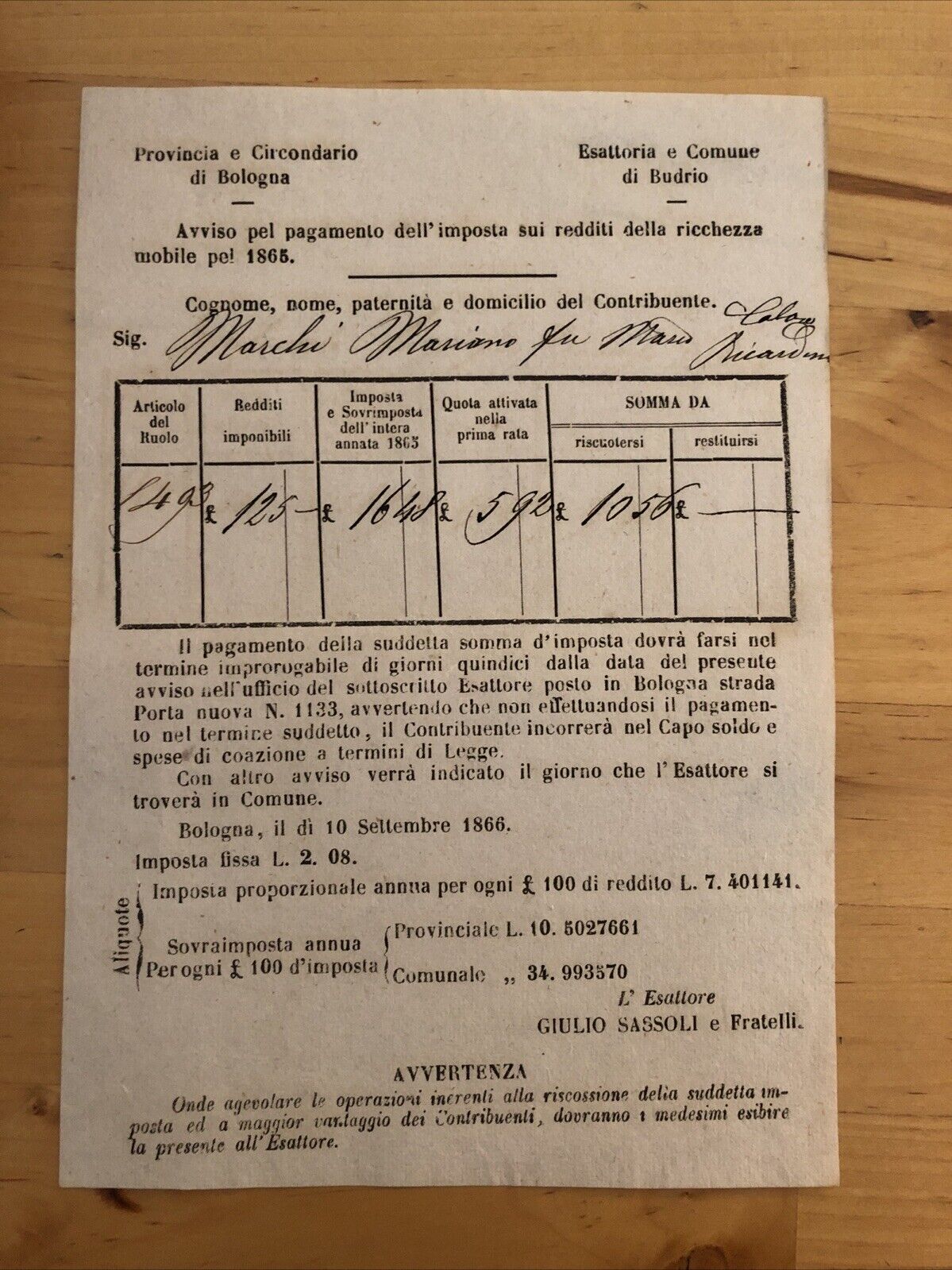 Bologna - Budrio antico documento 1865 pagamento imposta redditi della ricchezza
