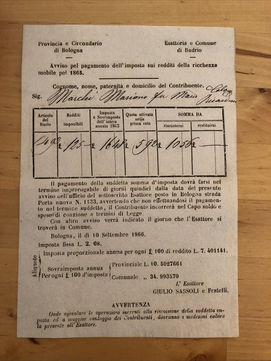 Bologna - Budrio antico documento 1865 pagamento imposta redditi della ricchezza