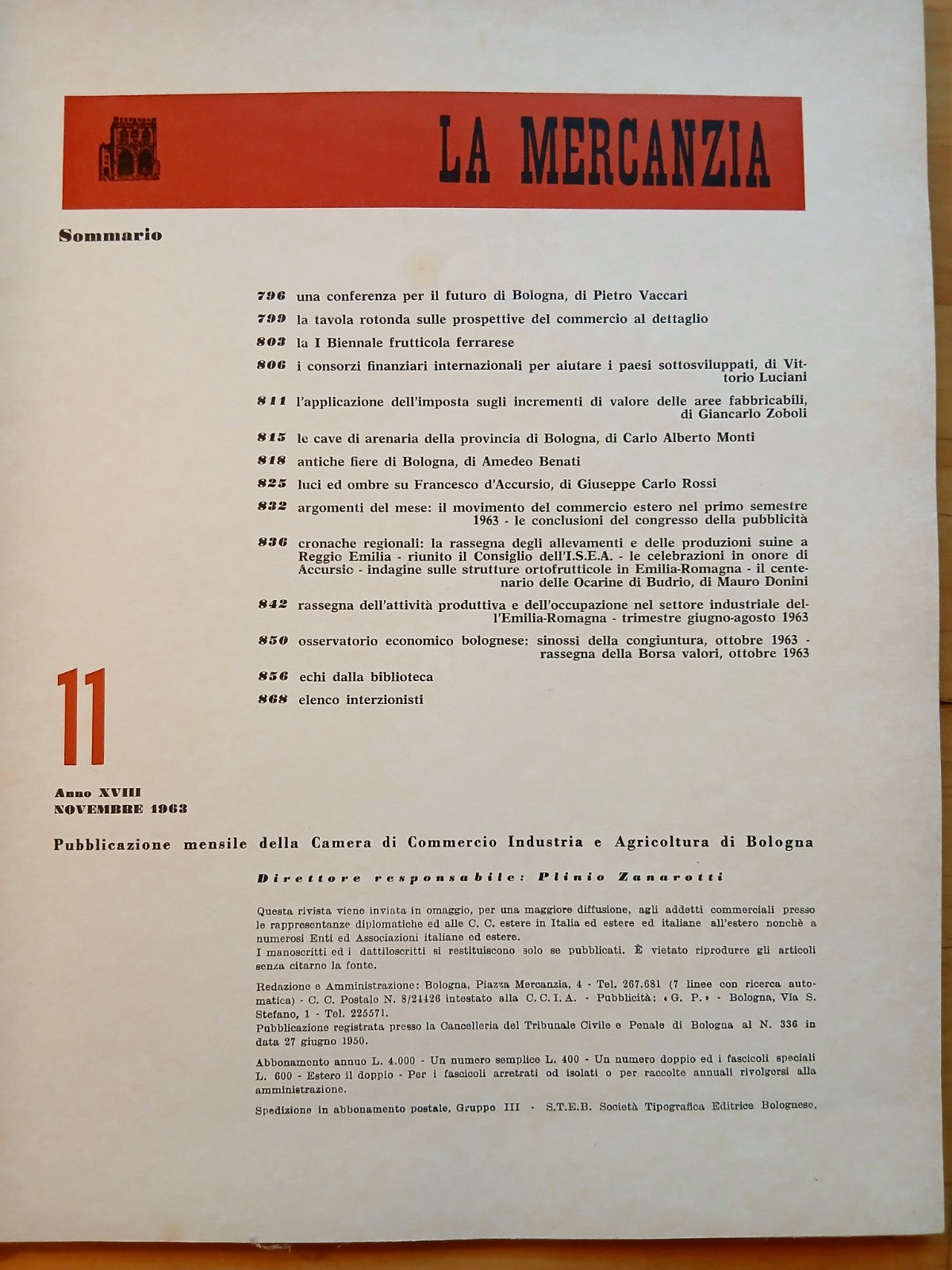 La Mercanzia Bologna Rivista 11 - Novembre 1963 anno XVIII