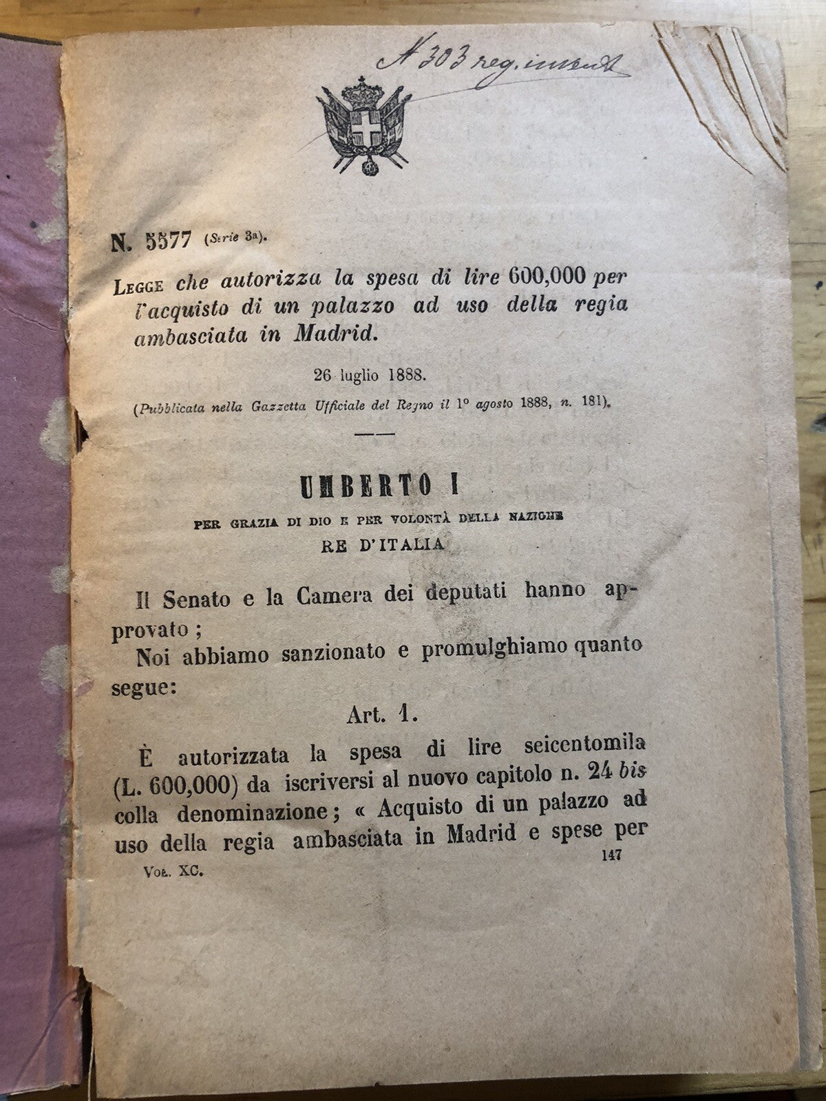 Leggi e decreti 1888 - Umberto I Re d'Italia