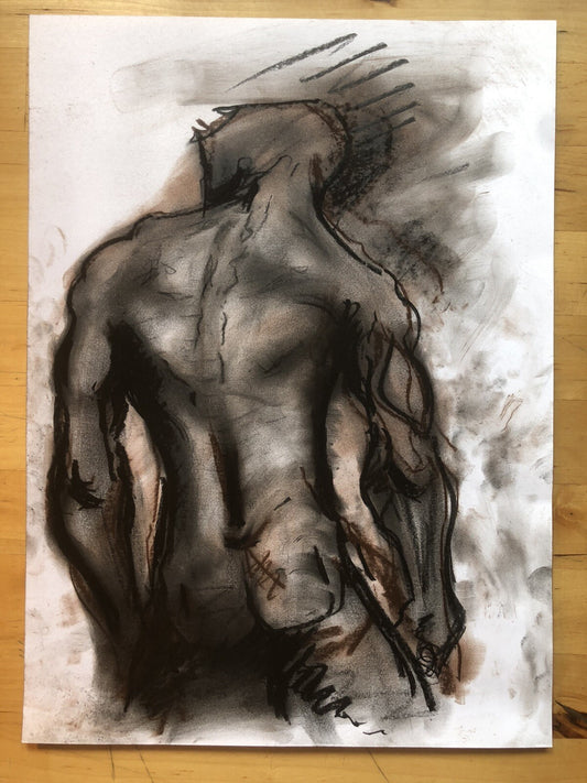 Disegno carboncino studio maschile - Astratto schizzo bozzetto a mano di nudo