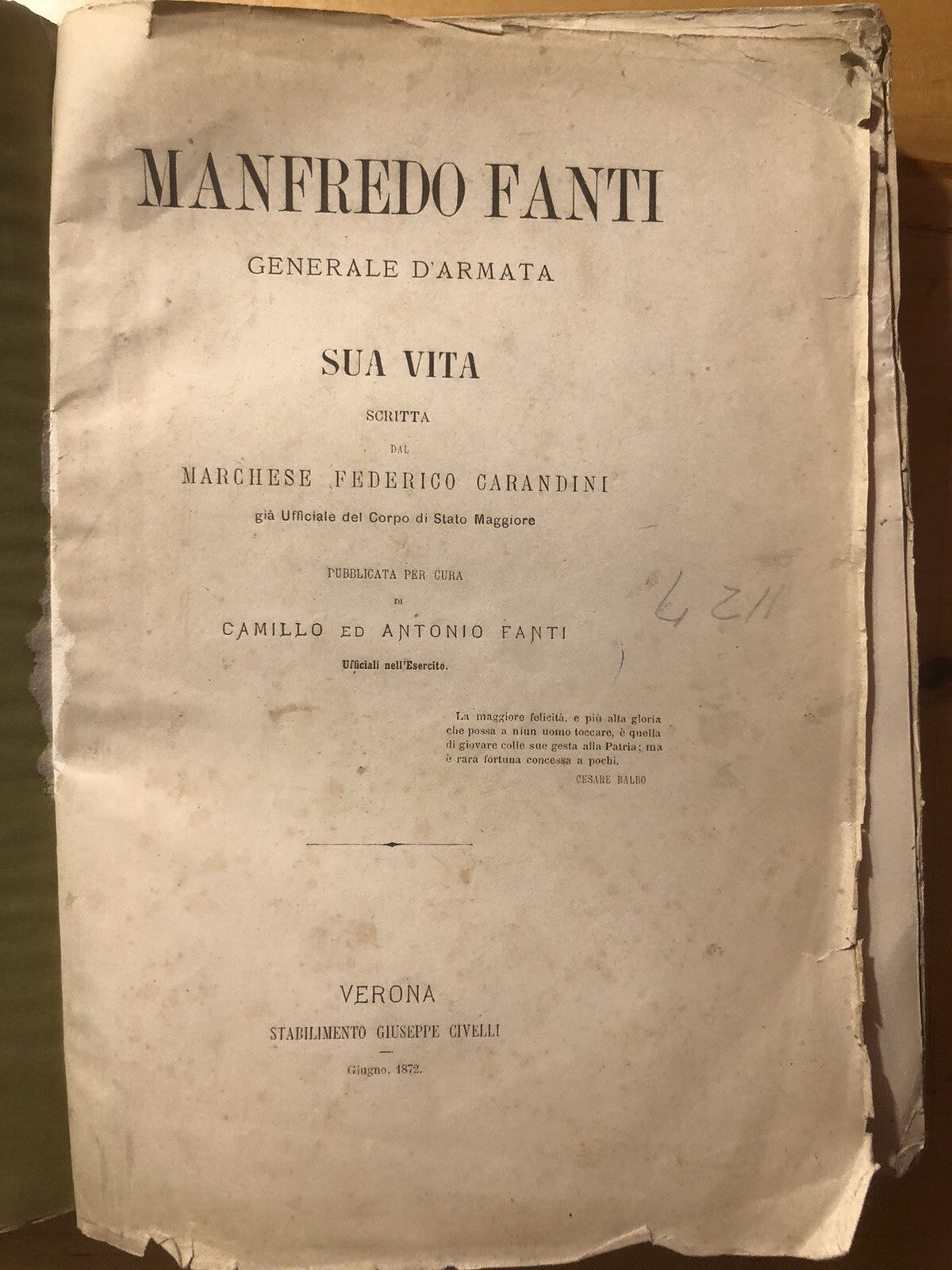 Manfredo Fanti generale d'armata sua vita scritta F. Carandini 1872 G. Civelli
