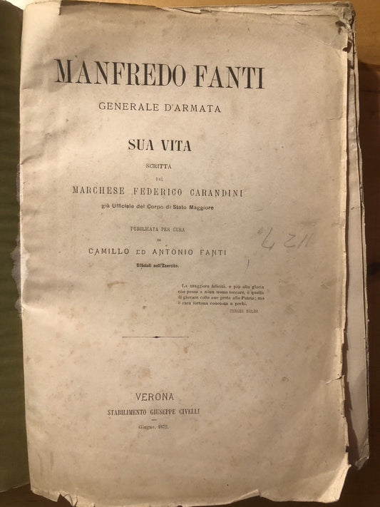 Manfredo Fanti generale d'armata sua vita scritta F. Carandini 1872 G. Civelli