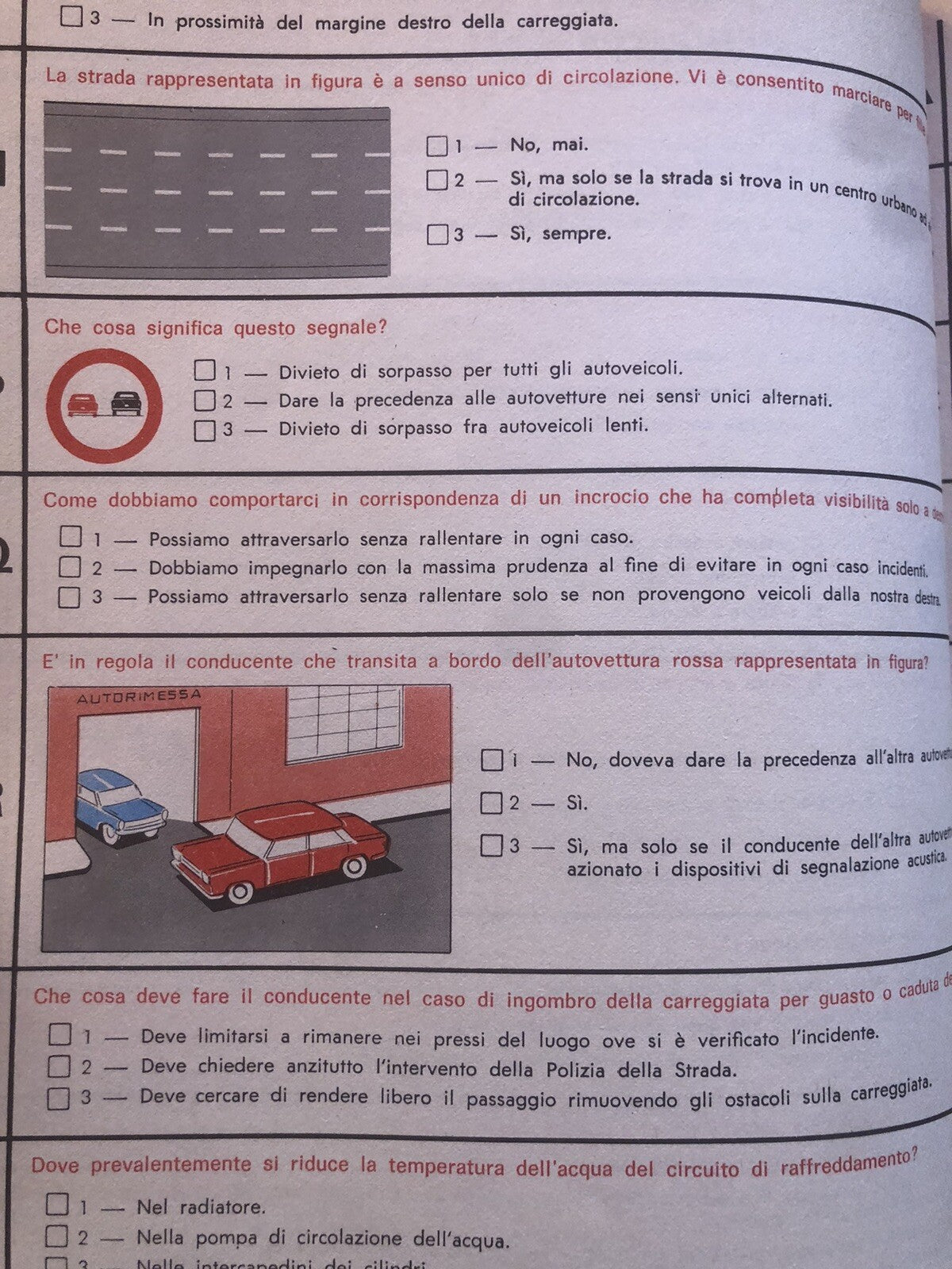 Autoscuola Boschi Bologna, Questionario per la patente di guida anni '50