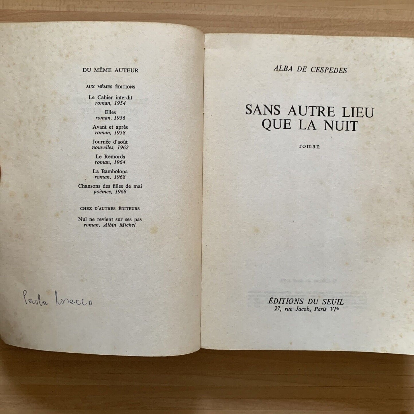 Sans autre lieu que la nuit - Roman  - ALBA DE CESPEDES - 1973 #