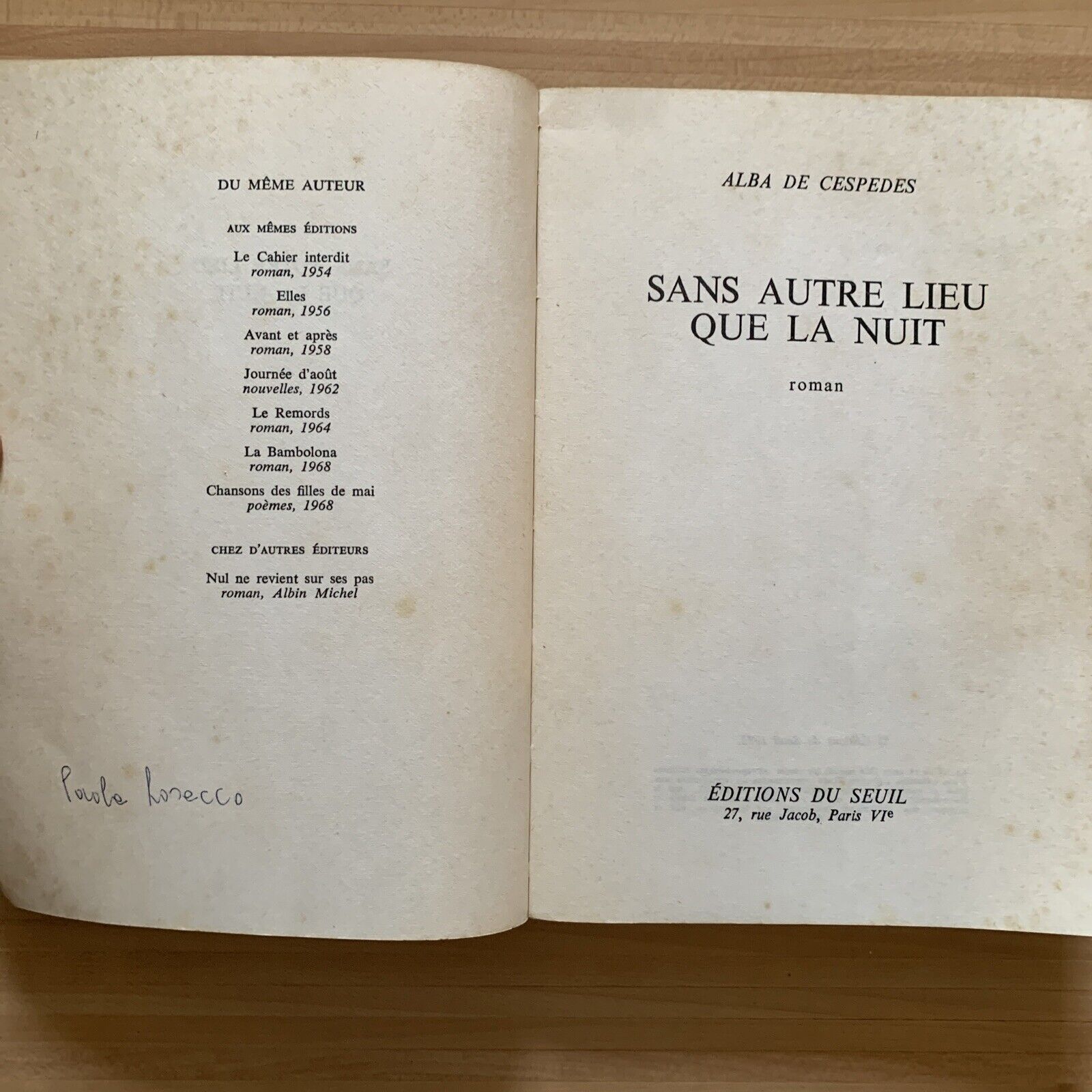 Sans autre lieu que la nuit - Roman  - ALBA DE CESPEDES - 1973 #