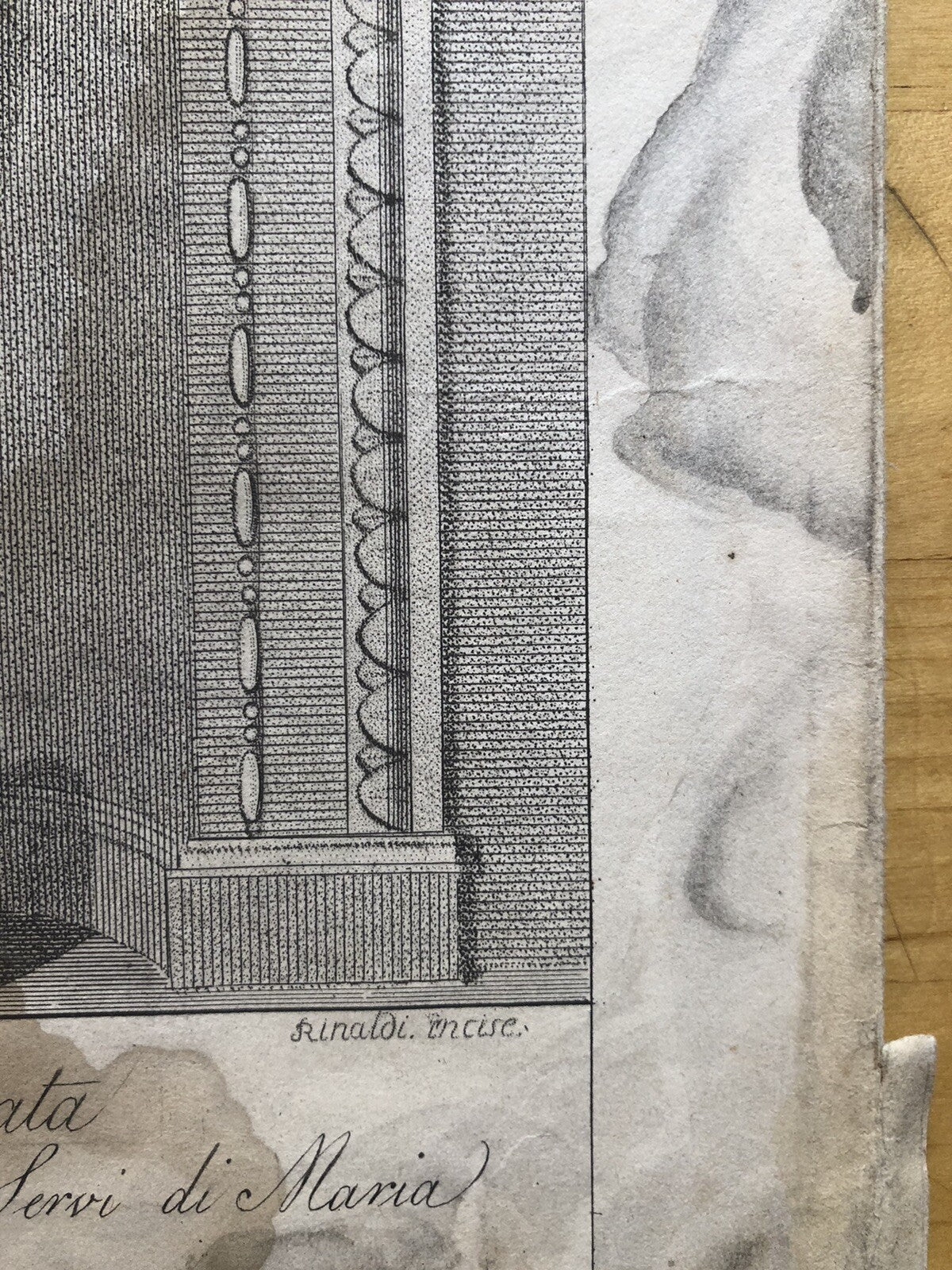 Incisione stampa antica B. V. addolorata Bologna chiesa dei Servi - Rinaldi F.