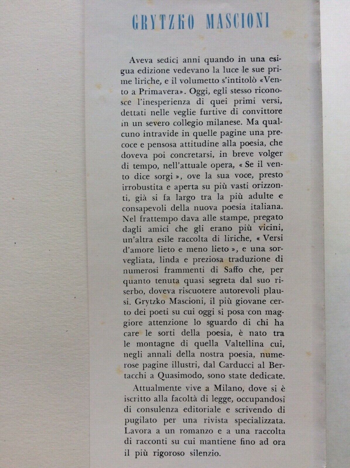SE IL VENTO DICE SORGI, GRYTZKO MASCIONI, INTELISANO EDITORE MILANO, 1956