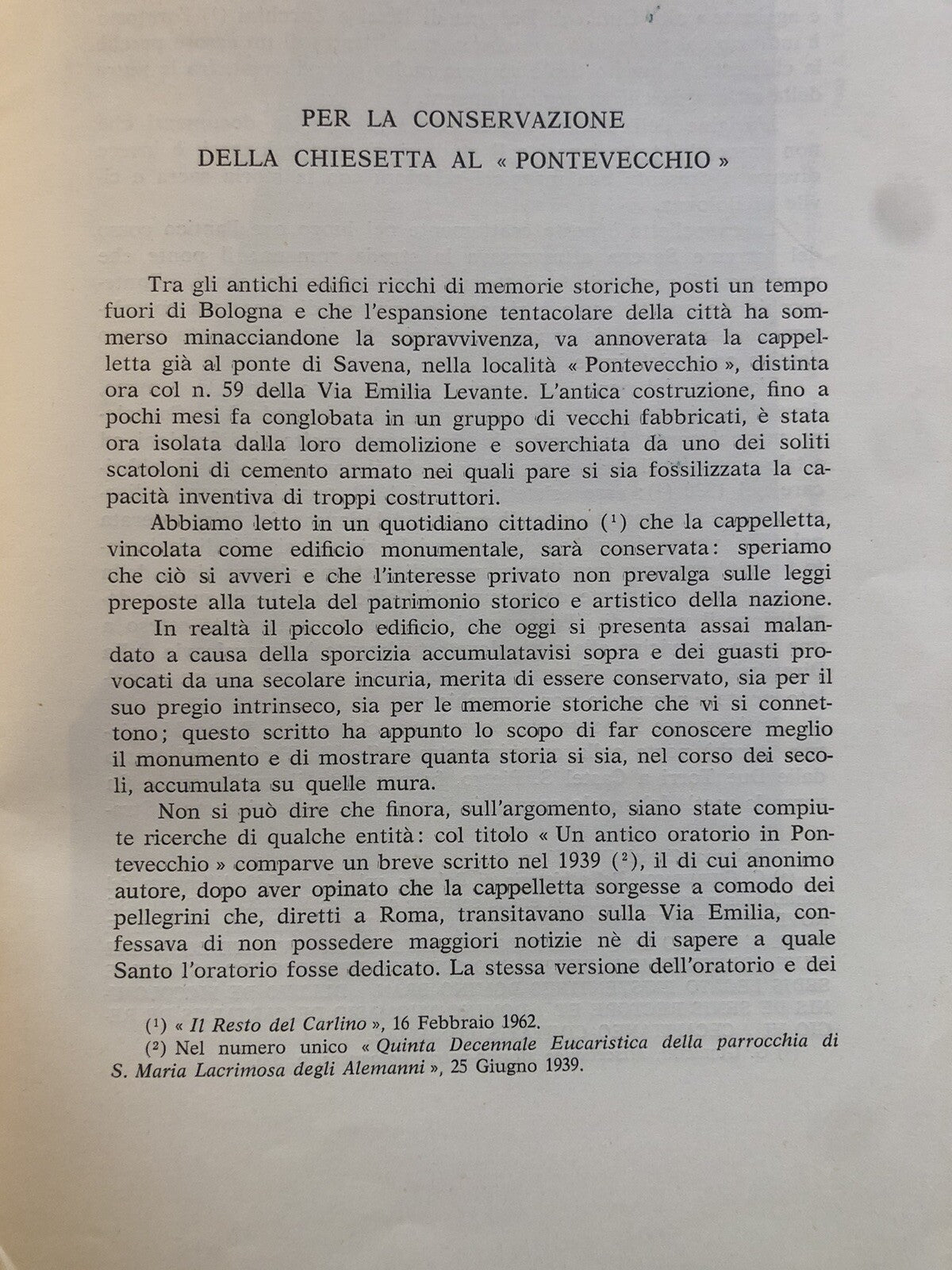 Per la conservazione della chiesetta al Pontevecchio (Bologna) Mario Fanti 1962