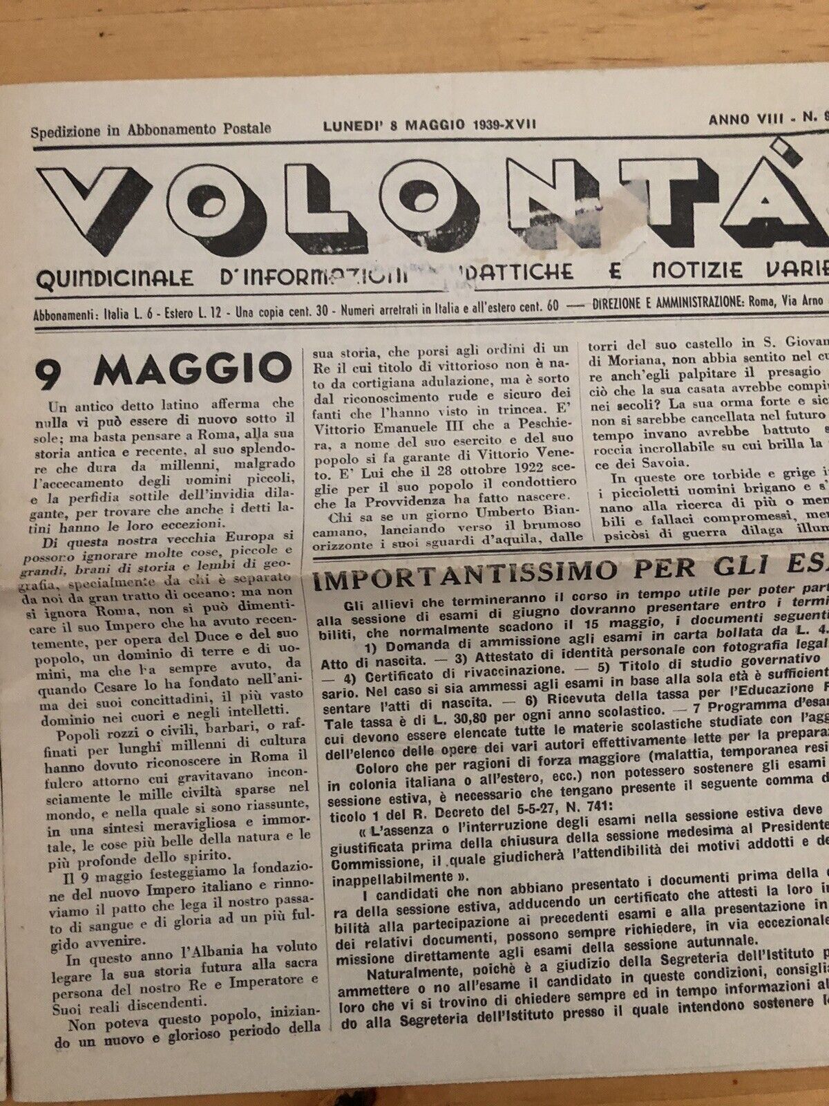 Volontà giornale quindicinale d'informazioni didattiche e notizie varie 1939
