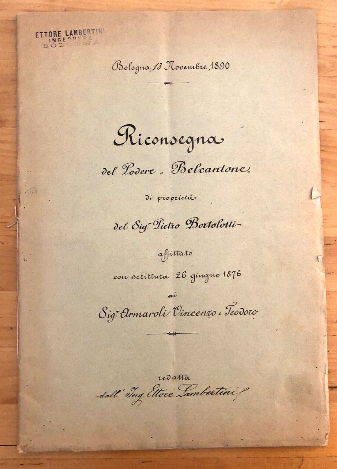 ANTICO DOCUMENTO Bologna, Podere Belcantone, atto notarile scritto a mano 1890