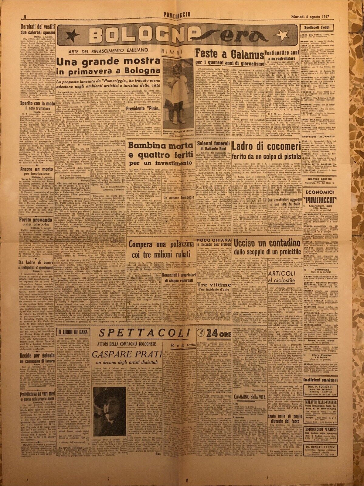 Ultima edizione Pomeriggio 5 agosto 1947 - Bologna sera. Piano Marshall