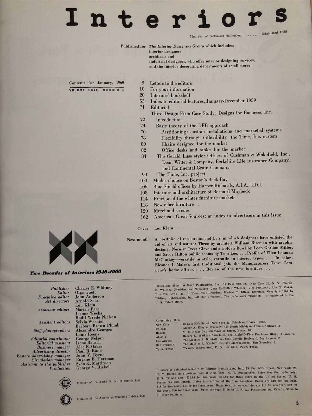 INTERIORS MAGAZINE JANUARY 1960. Interiors, design, architecture. Olga Gueft