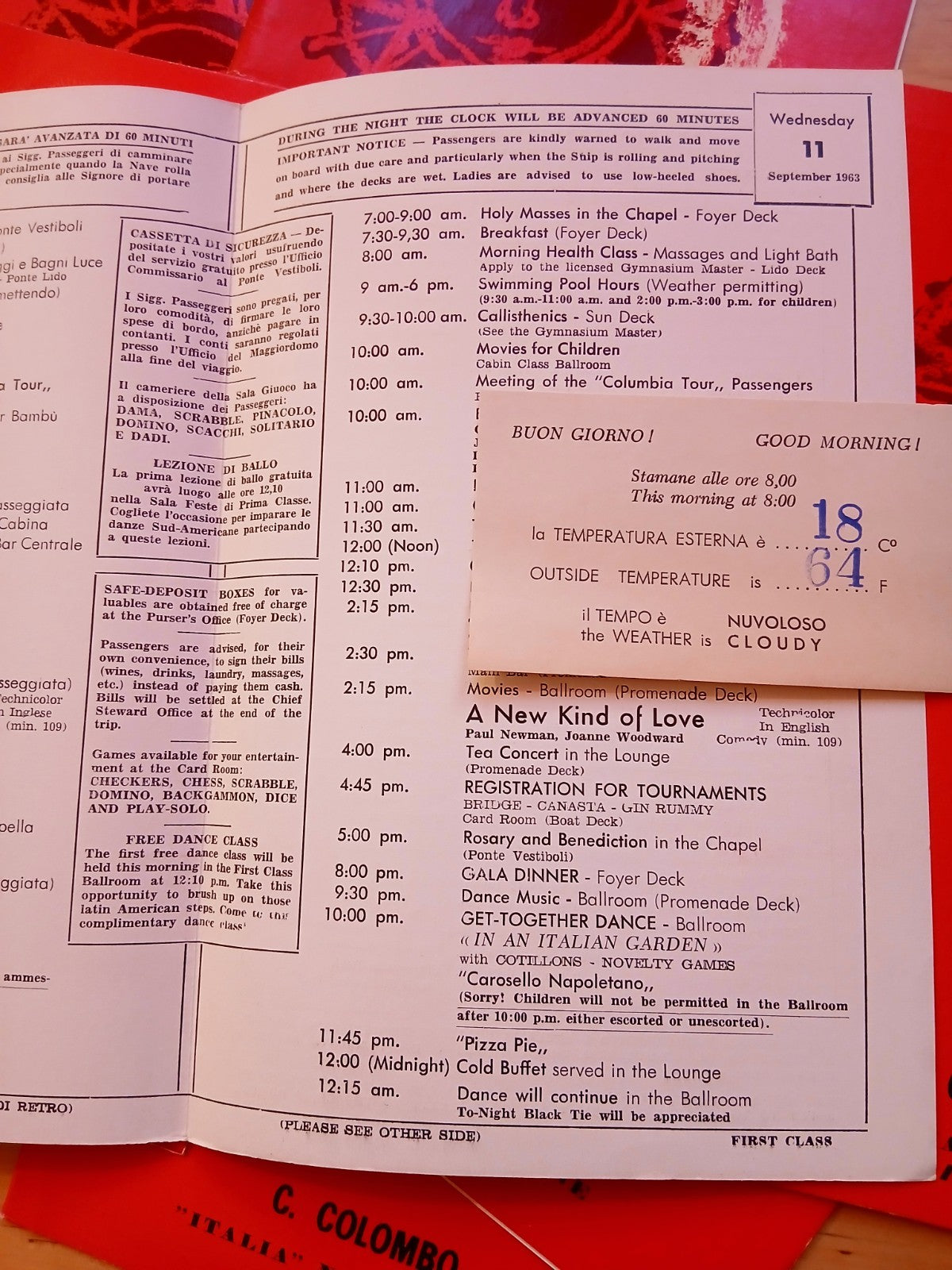Italia Navigazione C. Colombo Italian line programma della giornata - 9 pz. 1963