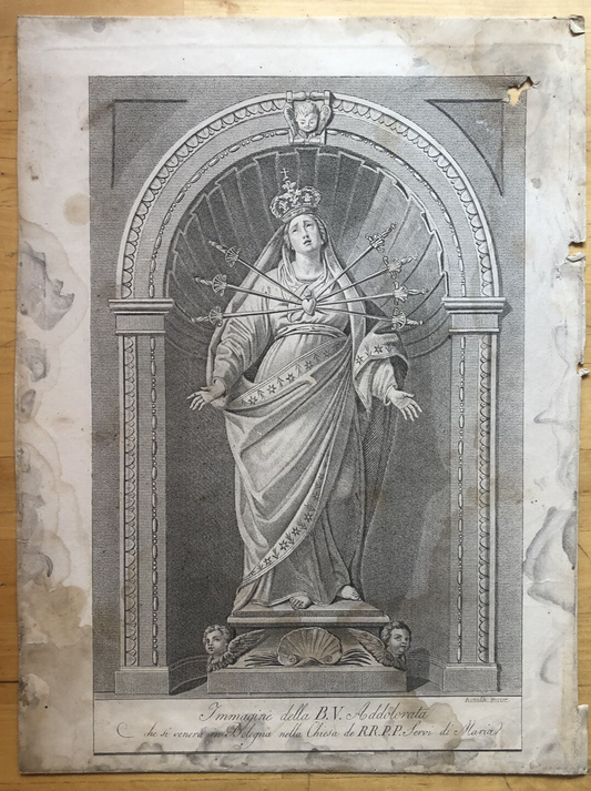Incisione stampa antica B. V. addolorata Bologna chiesa dei Servi - Rinaldi F.