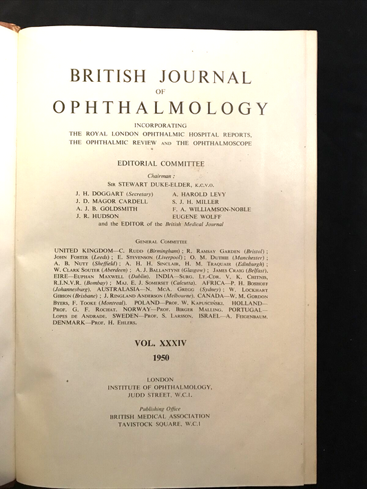 BRITISH JOURNAL OF OPHTHALMOLOGY oftalmologia, vol. XXXIV 1950 - S. Duke-Elder