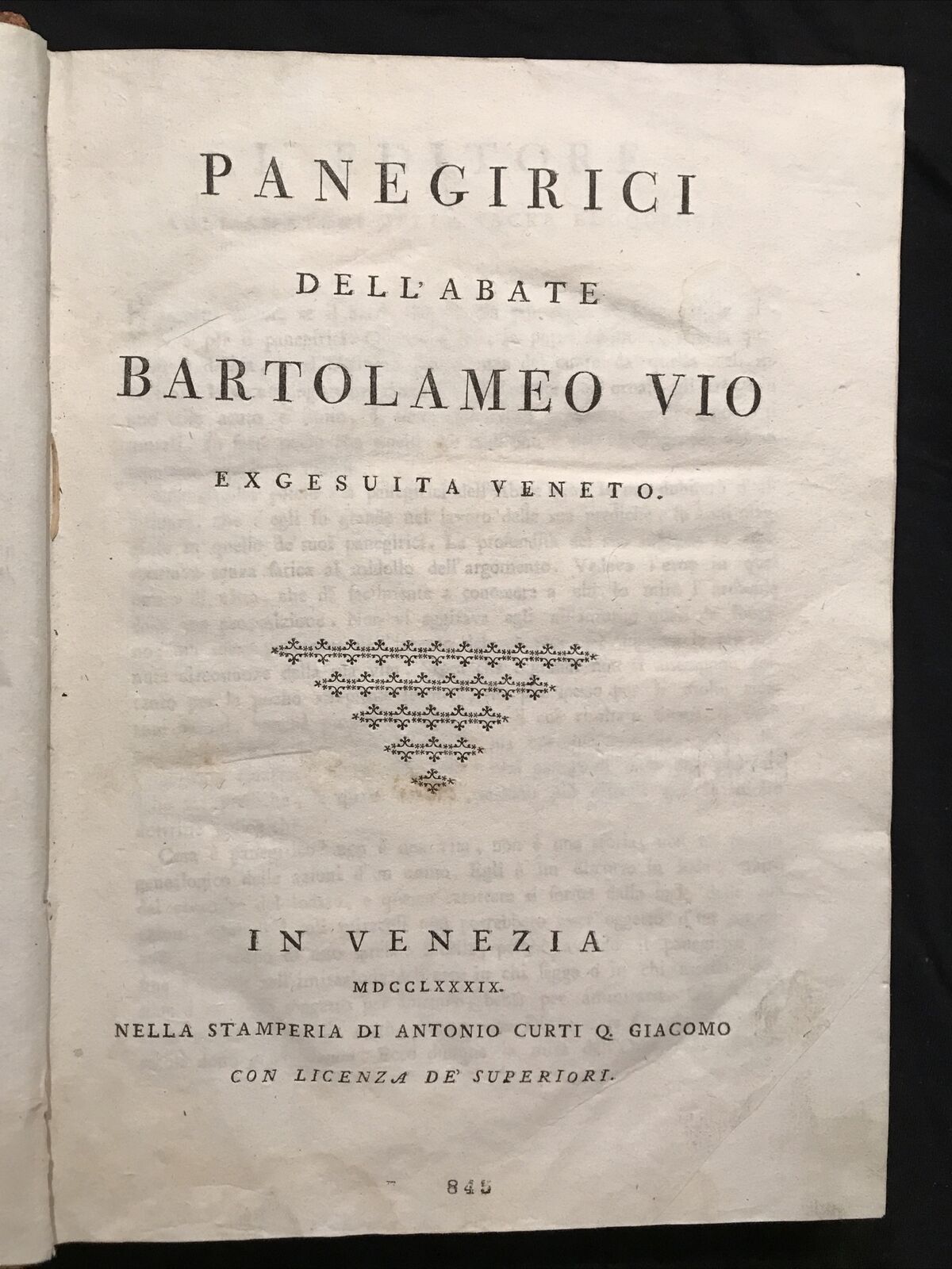 PANEGIRICI DELL'ABATE BARTOLAMEO VIO, stamperia curti 1779 Venezia.