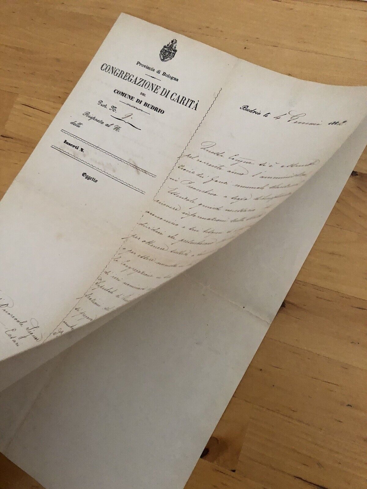 BUDRIO documento antico 1882 congregazione di carità. Bologna