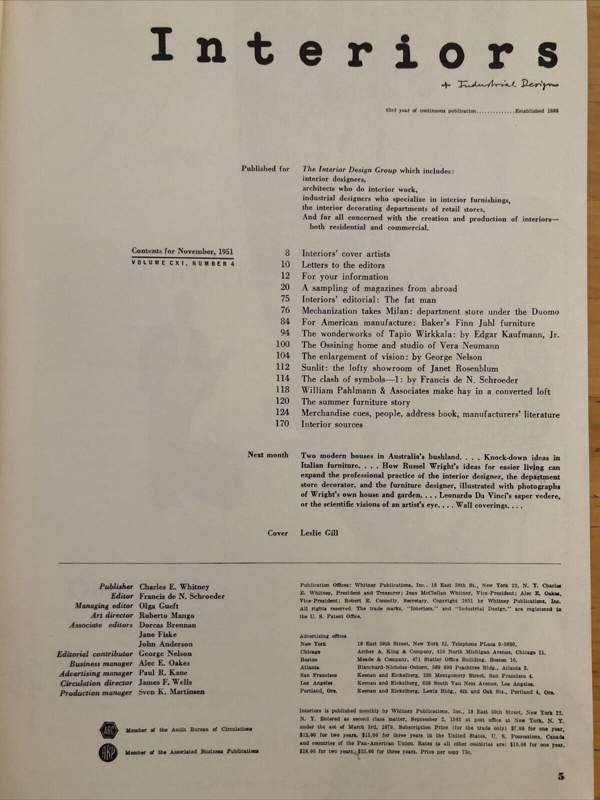 INTERIORS MAGAZINE NOVEMBER 1951. Interiors, design, architecture. Olga Gueft