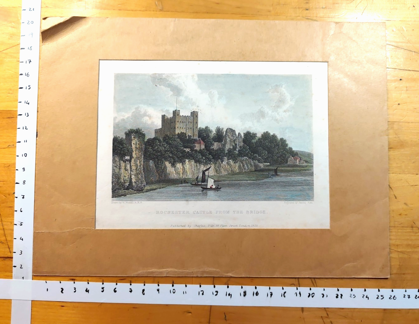 Acquaforte incisione James Fife - Rochester Castle 1829 Charles Tilt. pub.