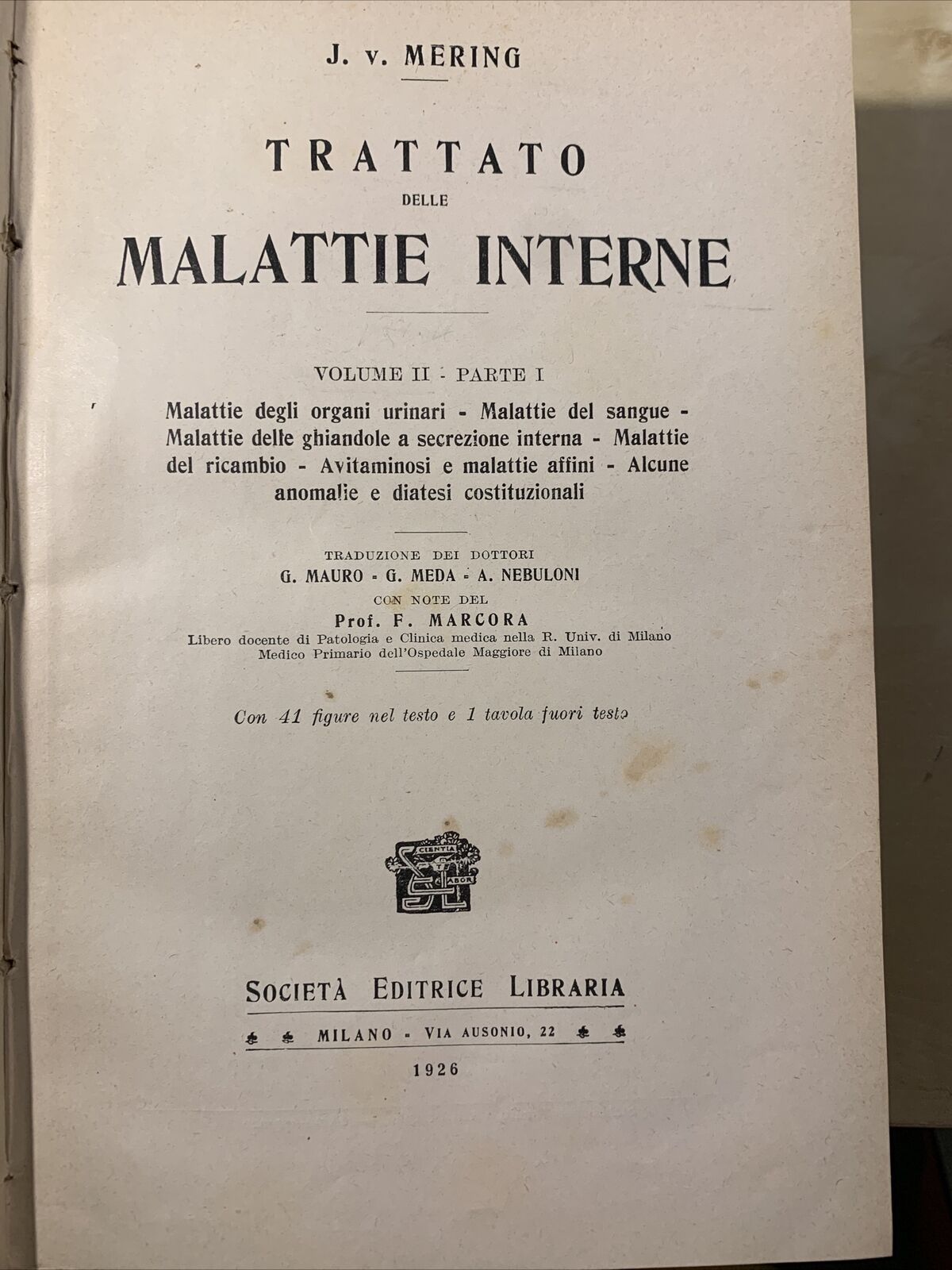 TRATTATO DELLE MALATTIE INTERNE, J. v. Mering. Società Editrice Libraria 1926
