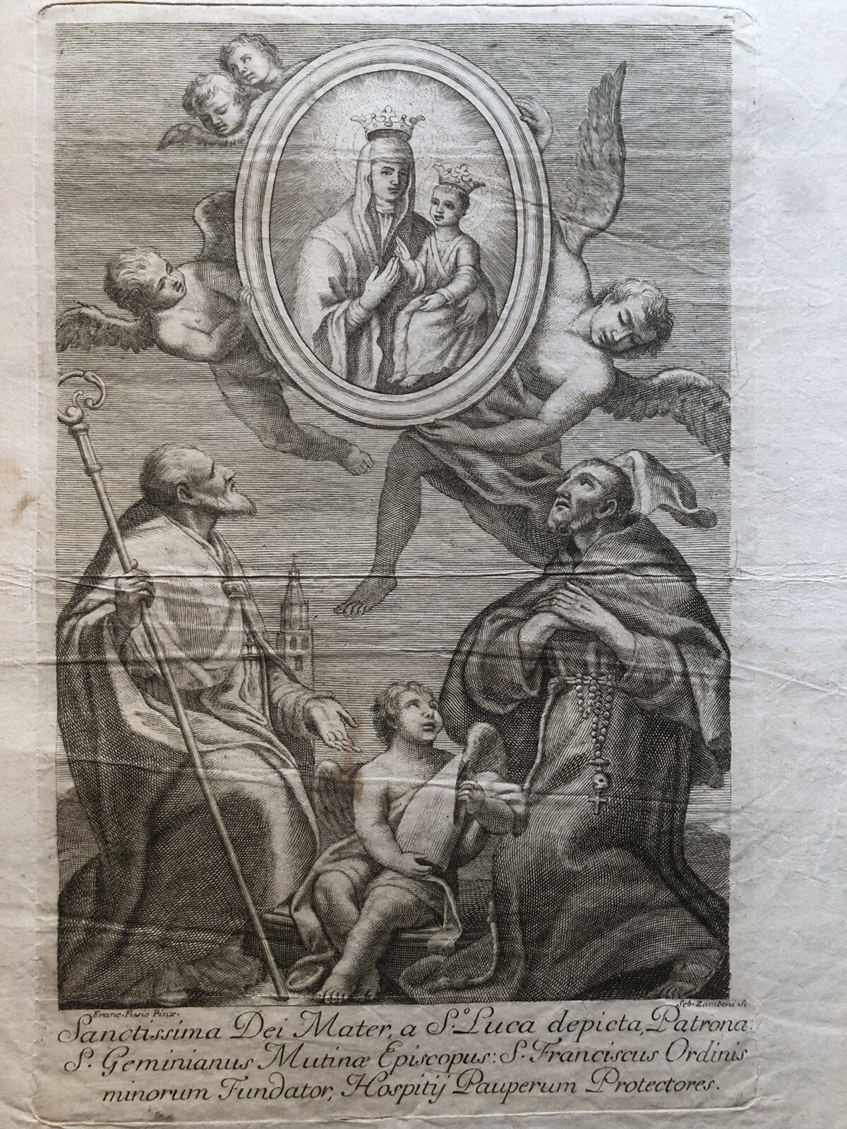 Incisione stampa antica Sanctissima dei Mater a S. Luca. Franc. Fusio Pinx '700