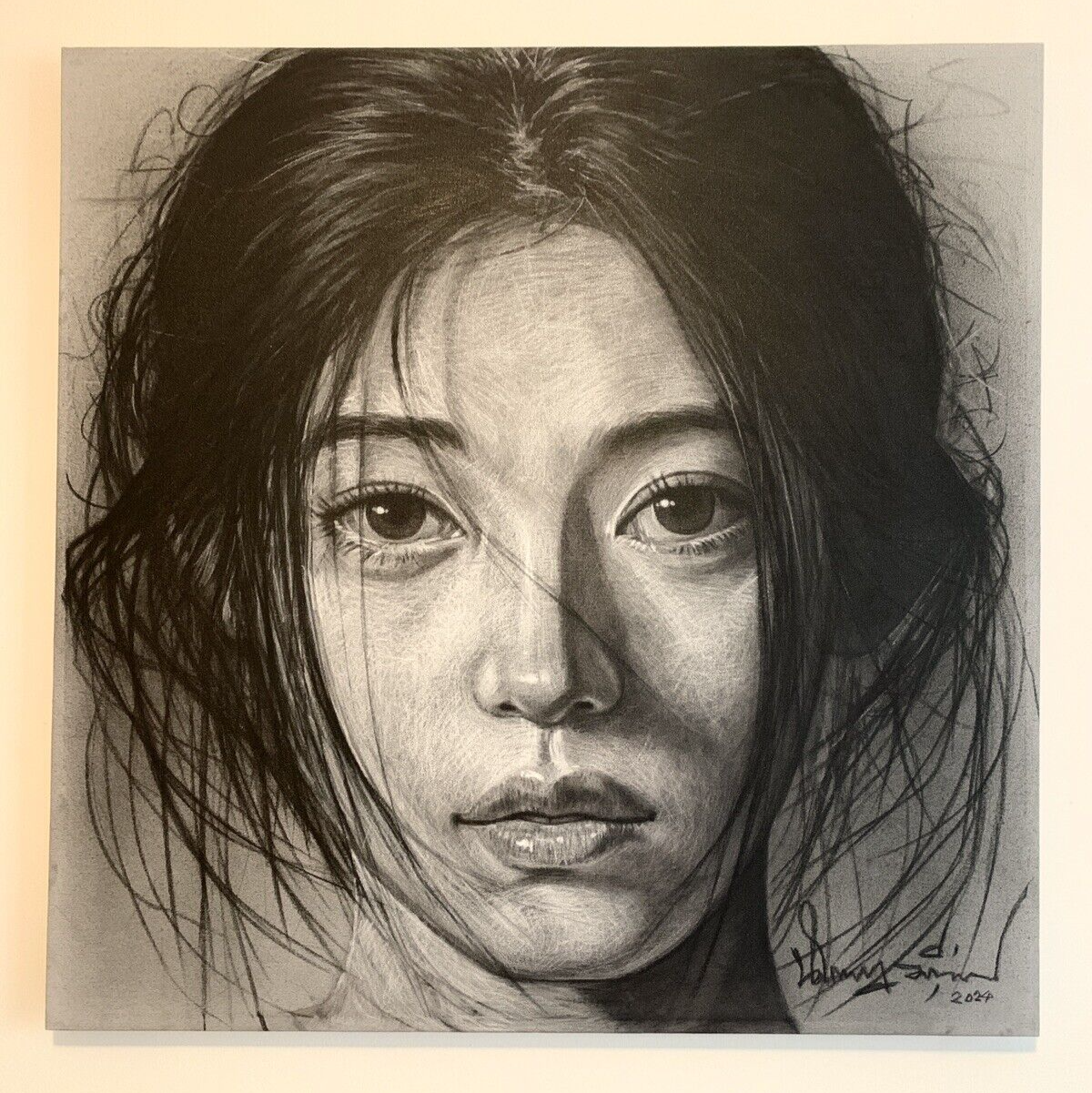 Woman portrait Painting large -Mixed media, charcoal and pastel 100 x 100 cm