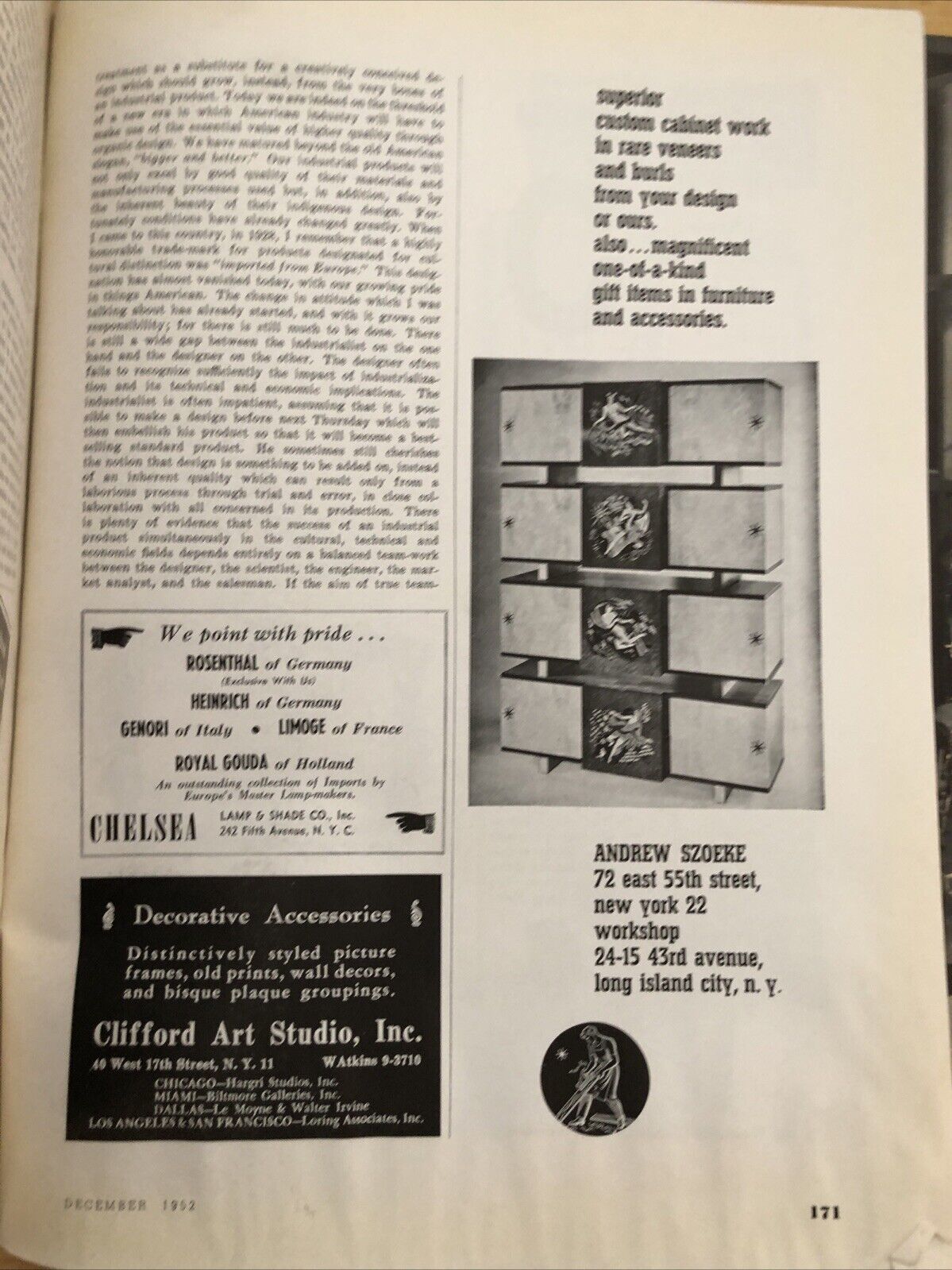 INTERIORS MAGAZINE DECEMBER 1952. Interiors, design, architecture. Olga Gueft