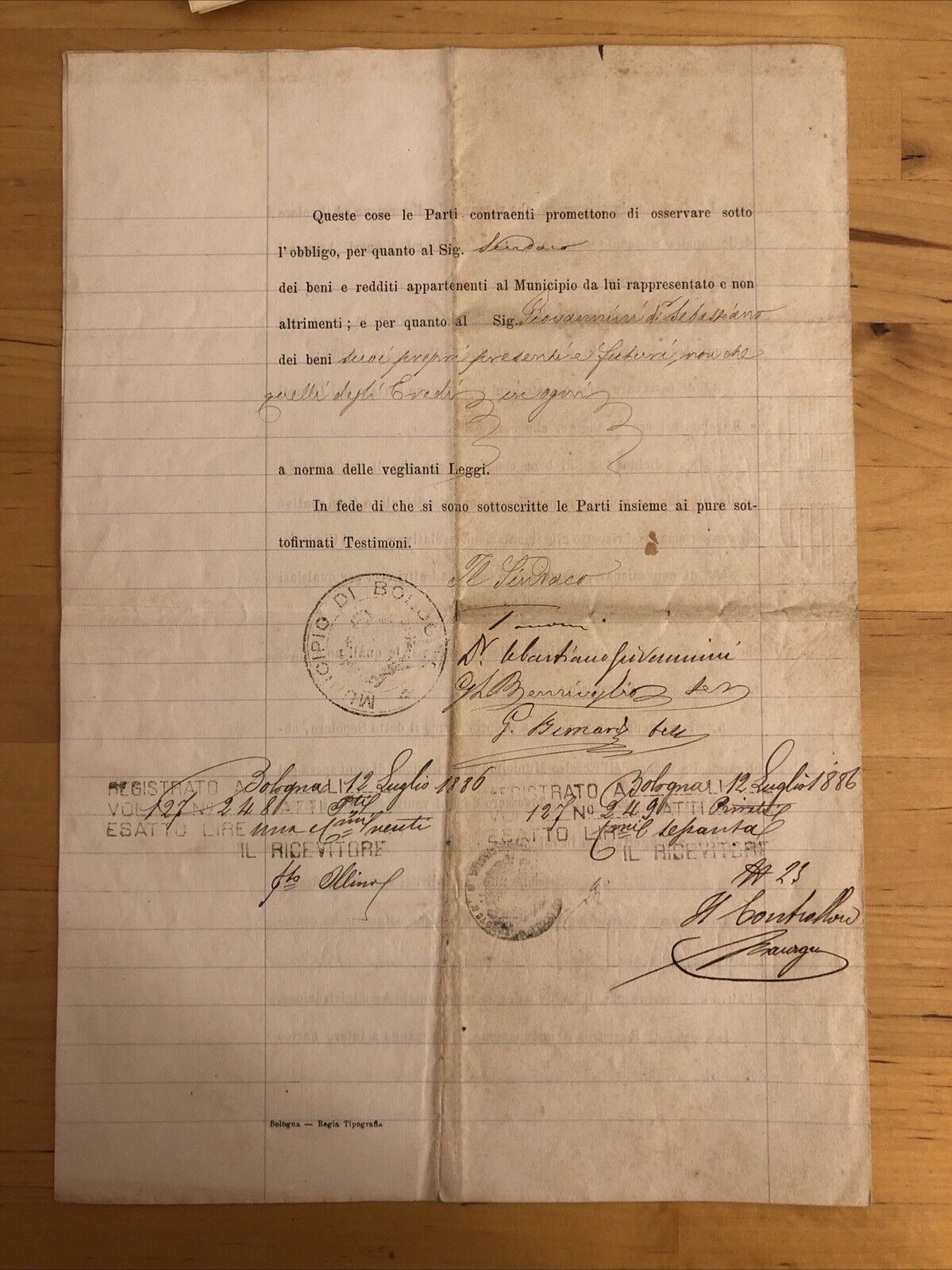 Antico documento Bologna 1886 Sindaco Gaetano Tacconi, vendita sepolcro Famiglia
