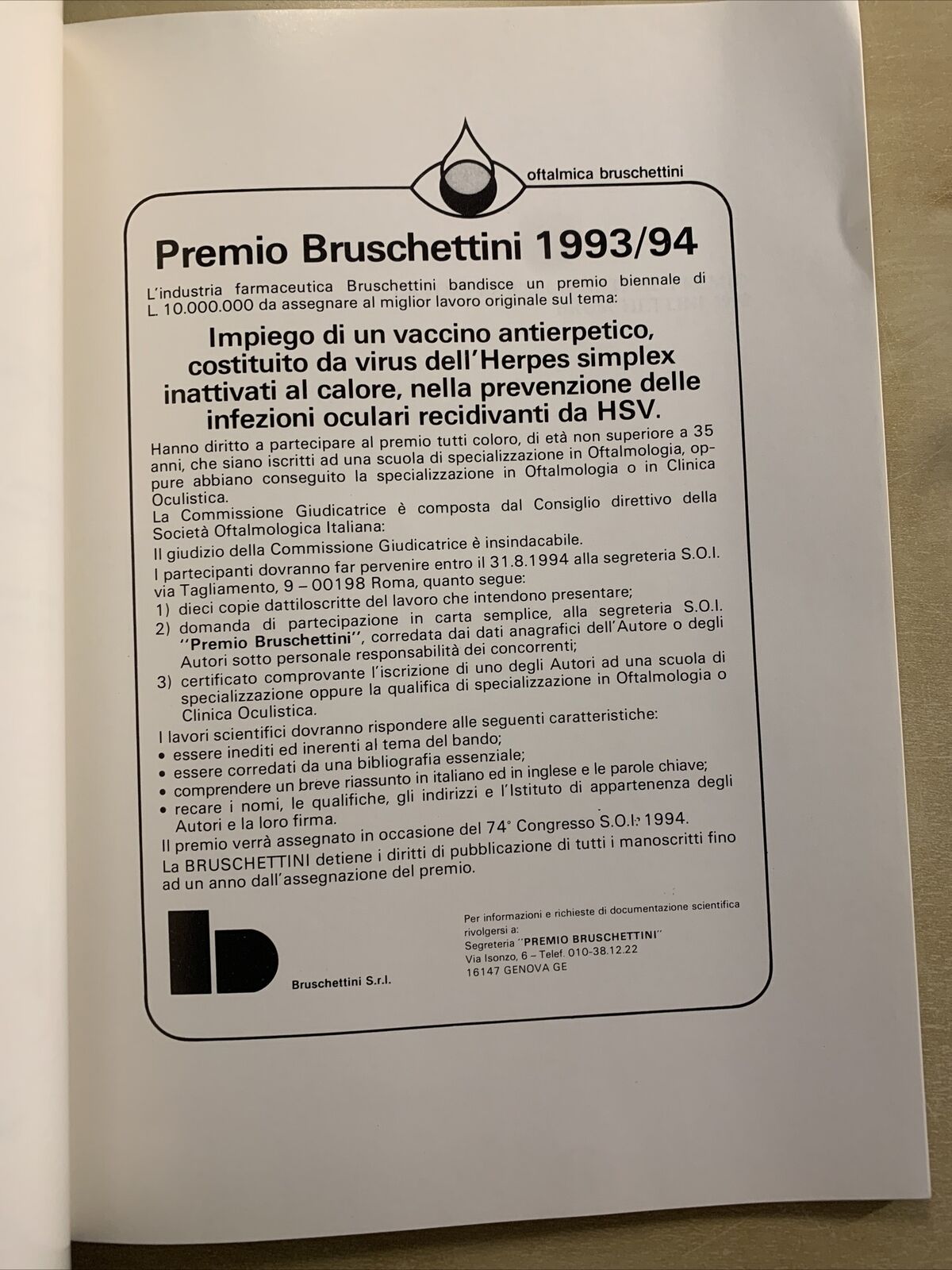 Bollettino di oculistica - anno 72 n. 1 anno 1993. Cappelli editore #