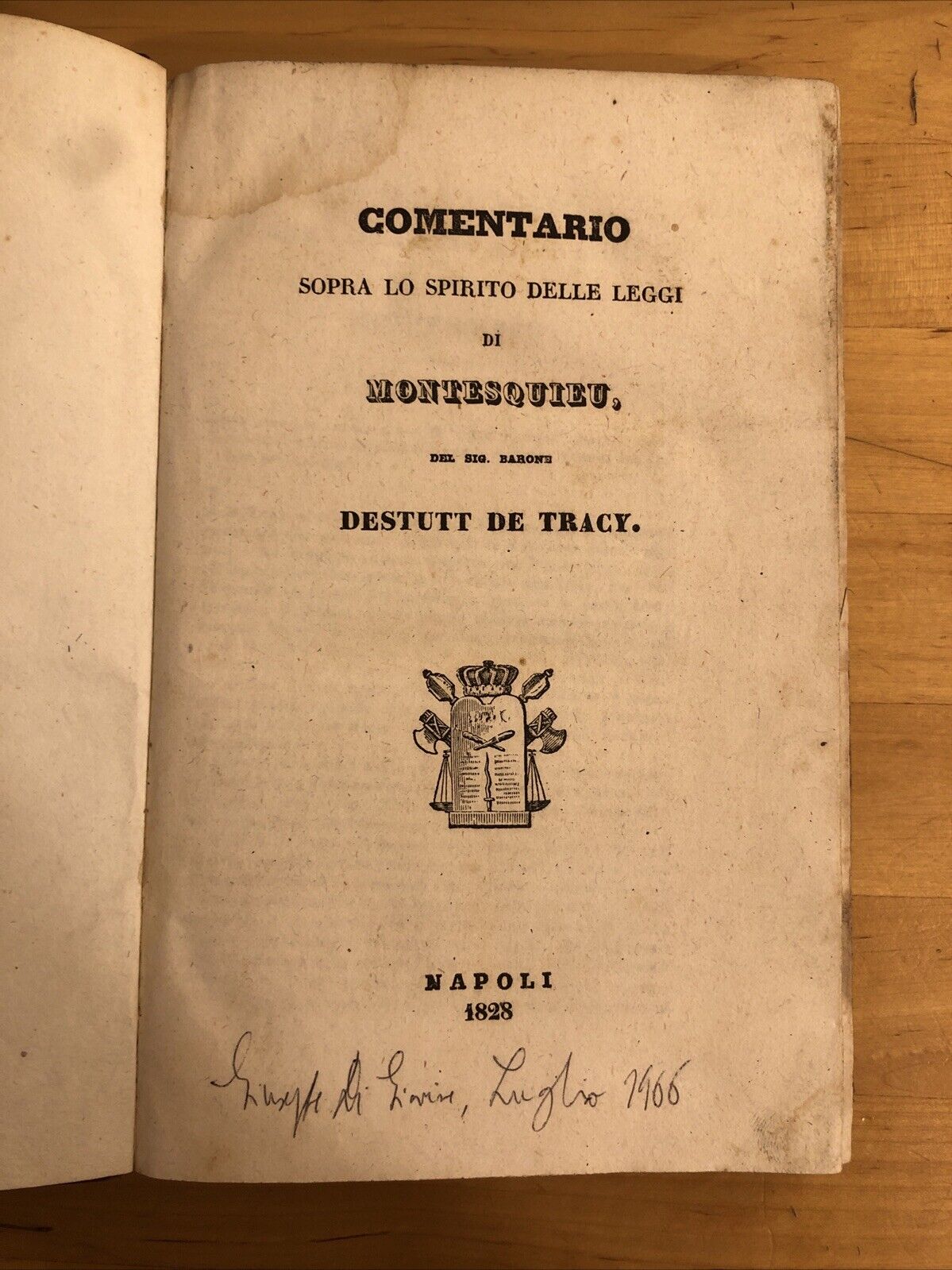 Comentario sopra lo spirito delle leggi di Montesquieu, Destutt de Tracy 1828