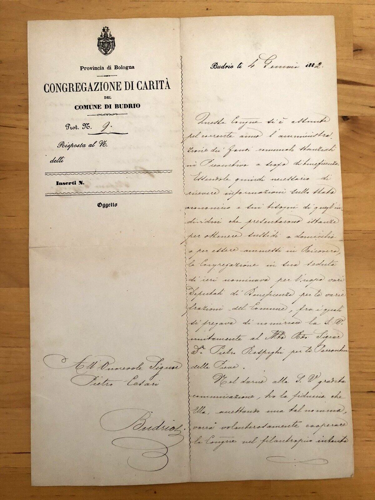 BUDRIO documento antico 1882 congregazione di carità. Bologna