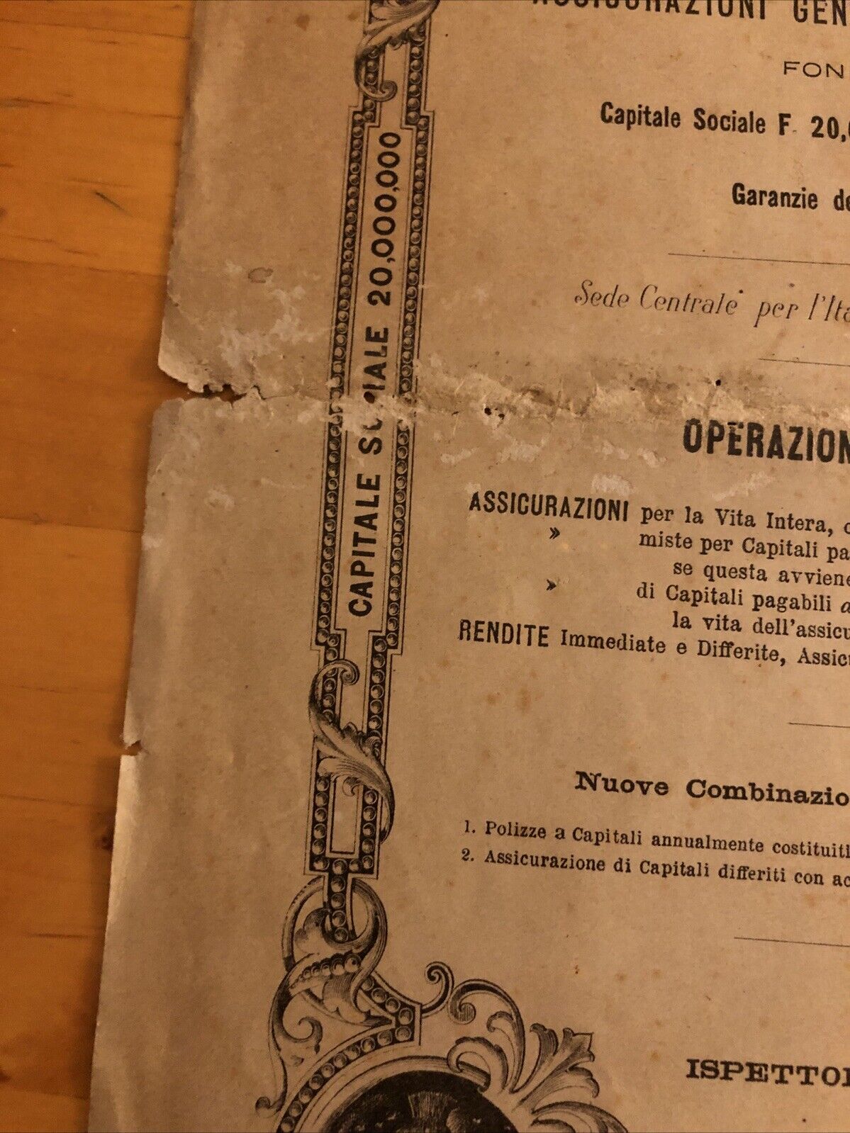 DOCUMENTO assicurativo antico 1890 ca. Paterna. incendio esplosione
