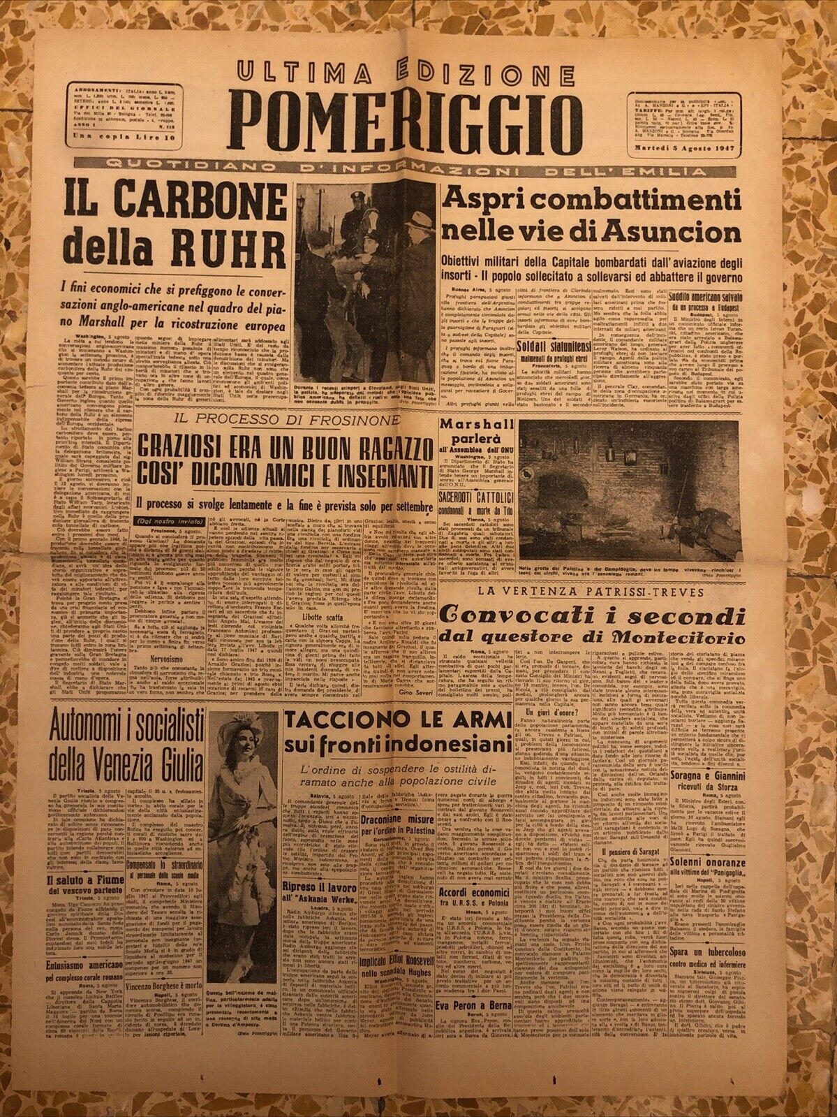 Ultima edizione Pomeriggio 5 agosto 1947 - Bologna sera. Piano Marshall