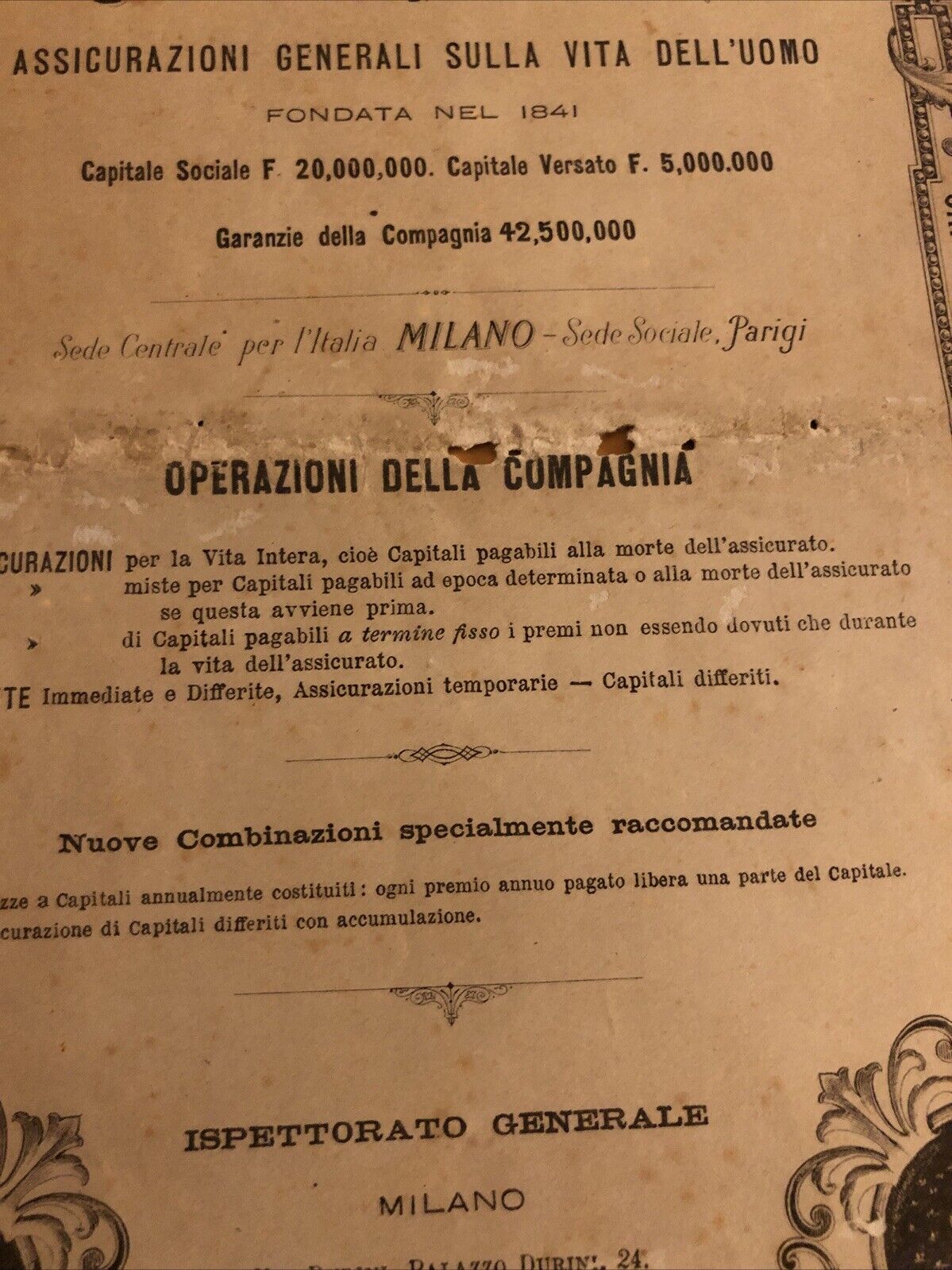 DOCUMENTO assicurativo antico 1890 ca. Paterna. incendio esplosione