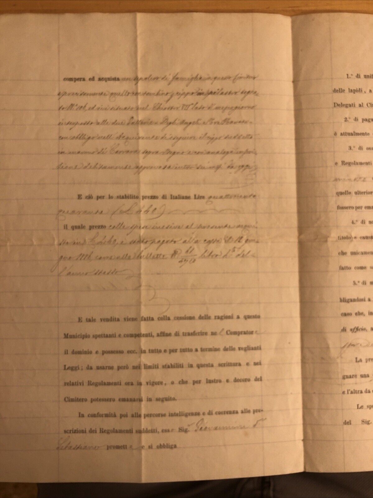 Antico documento Bologna 1886 Sindaco Gaetano Tacconi, vendita sepolcro Famiglia