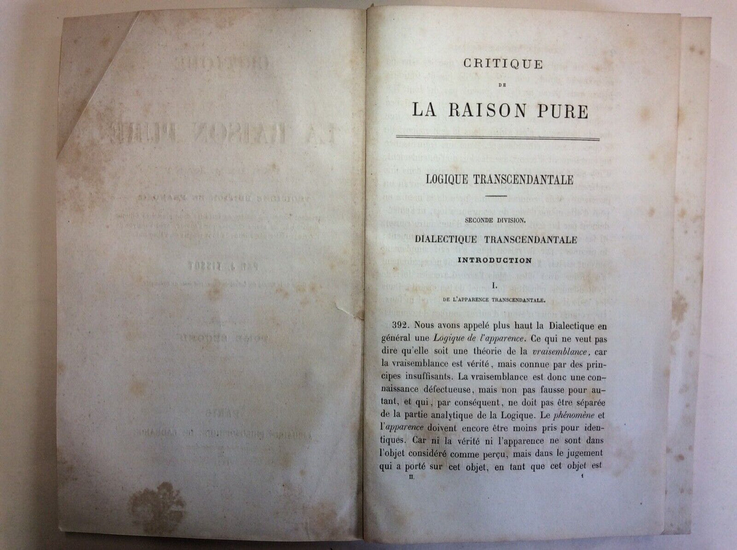 CRITIQUE DE LA RAISON PURE, KANT, LADRANGE, 1864 tome second, traduit par Tissot