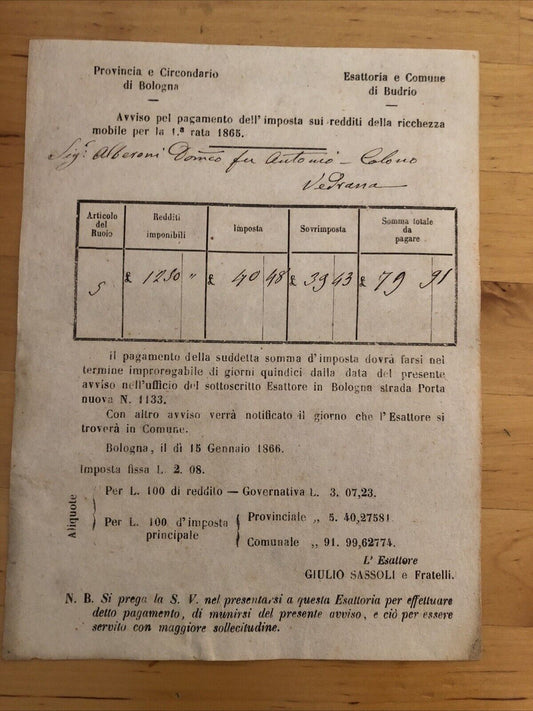 Bologna - Budrio antico documento 1865 pagamento imposta redditi della ricchezza