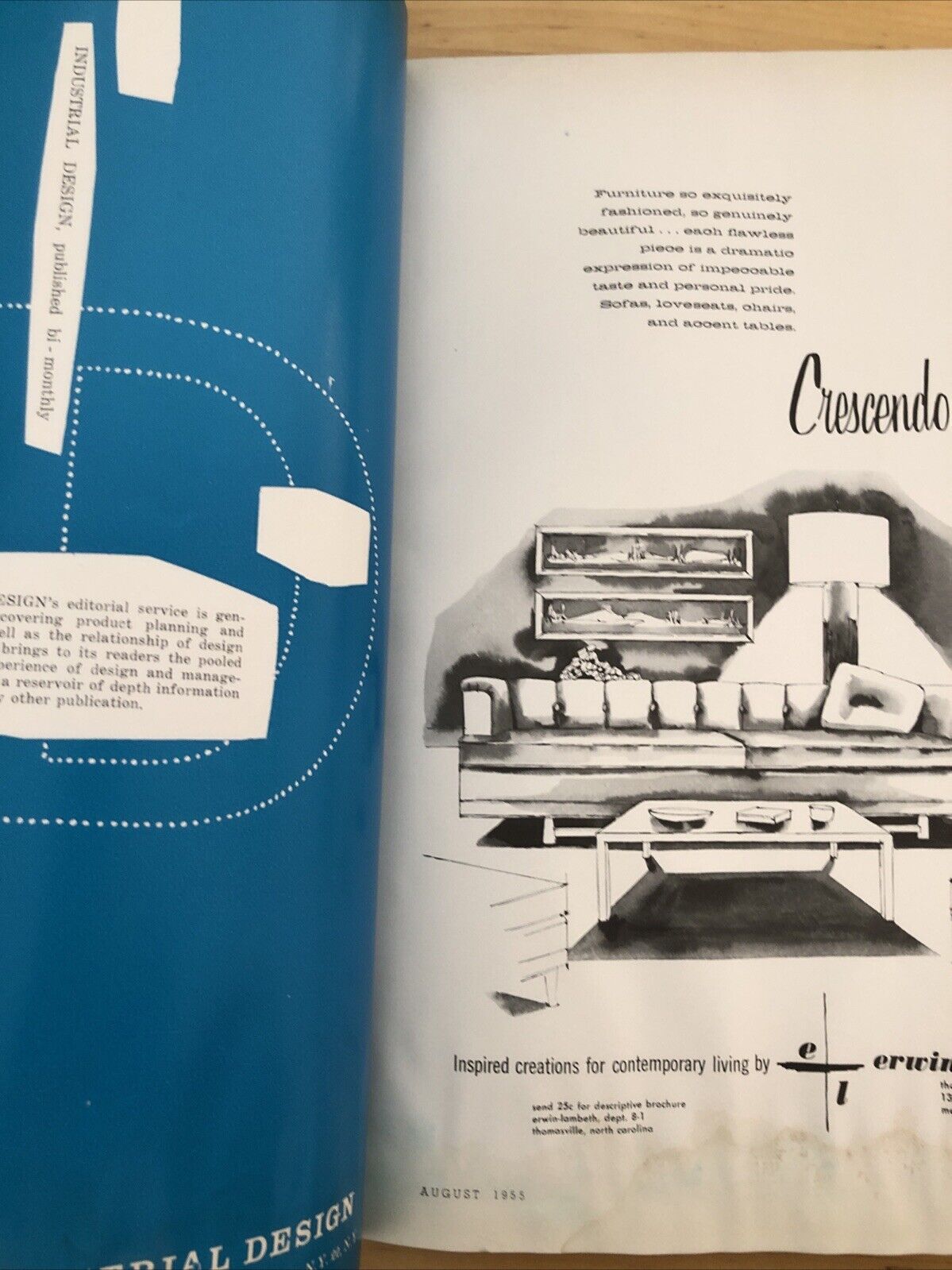 INTERIORS MAGAZINE AUGUST 1955. Interiors, design, architecture. Olga Gueft