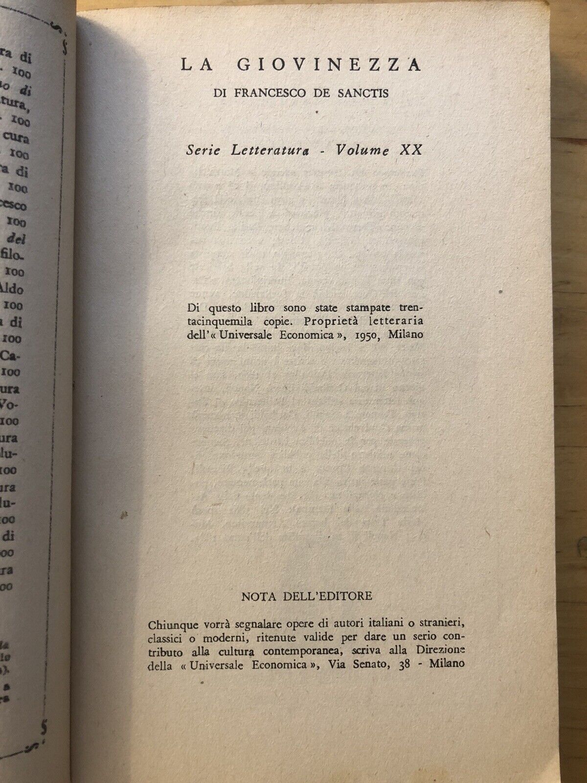 La Giovinezza, De Sanctis a cura di Dario Puccini. Universale economica 1950