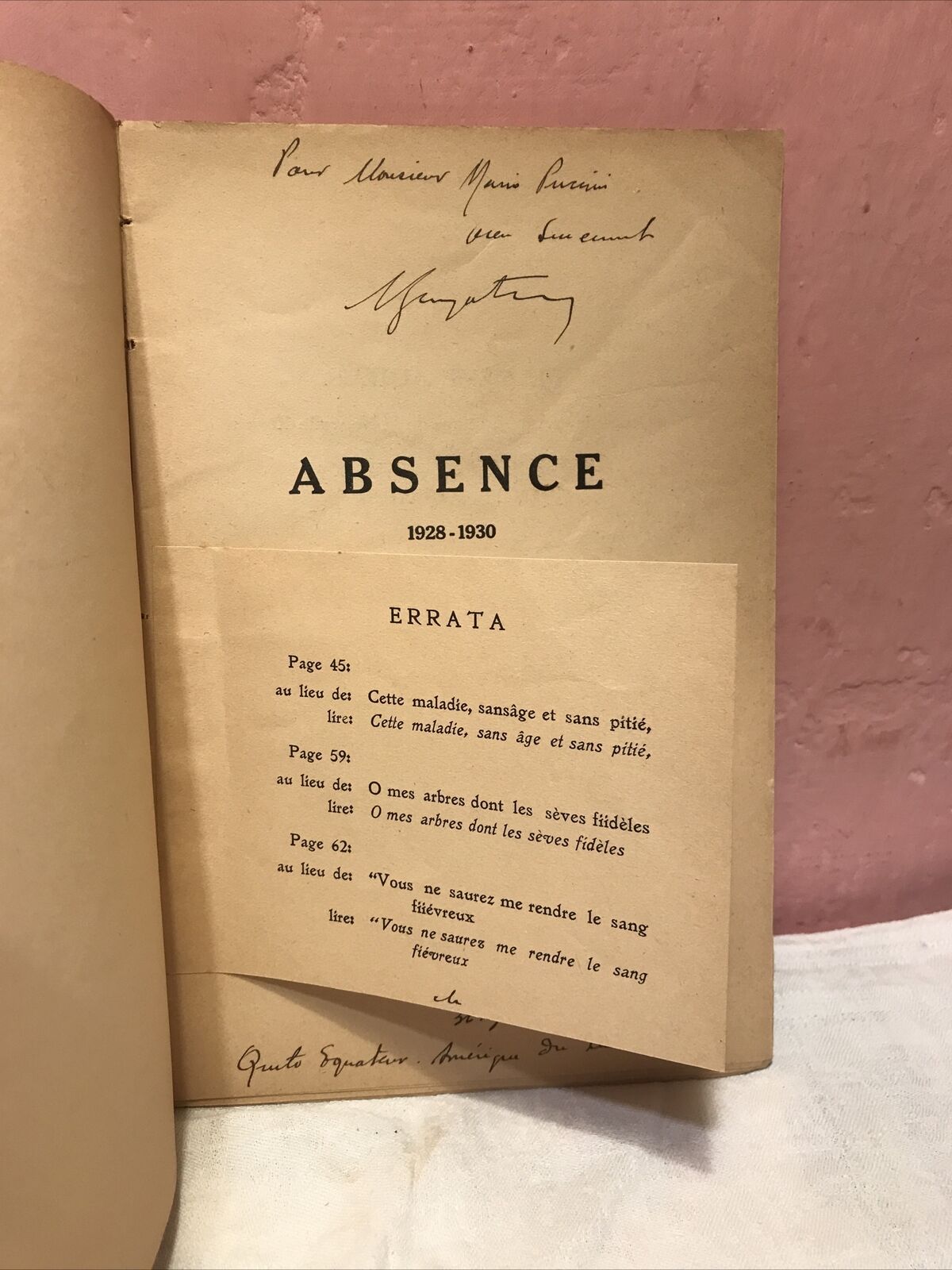ABSENCE, Alfredo Gangotena, 1932 exemplaire n 136 sur 600.dédicacé par l'auteur